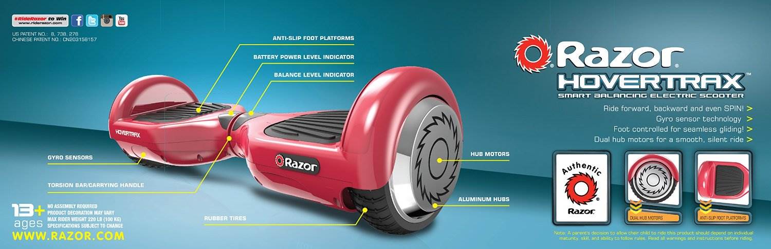 Razor Hovertrax 1.0 Electric Hoverboard Smartboard Scooter, Red with Helmet