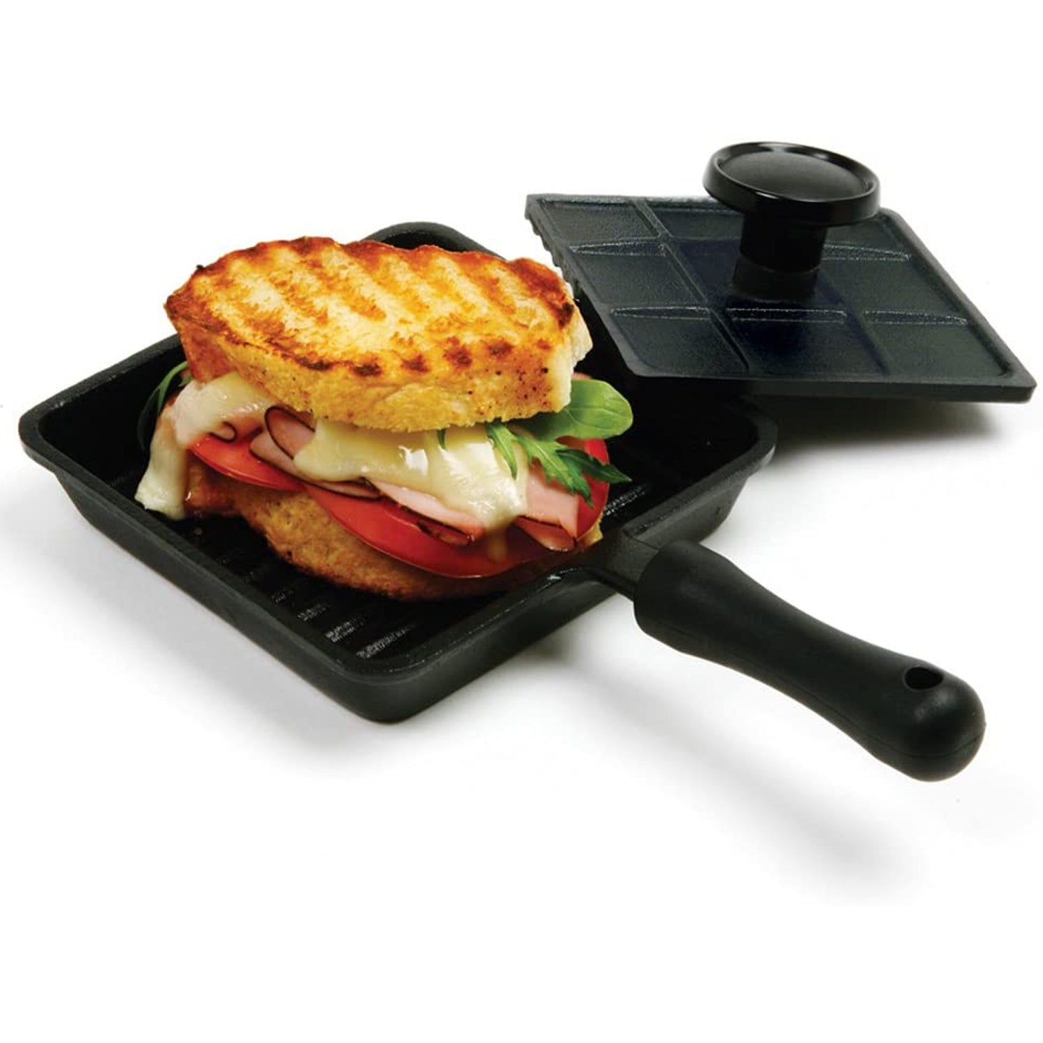 Norpro Cast Iron Mini Single Sandwich Stovetop Outdoor Panini Press Grill, Black