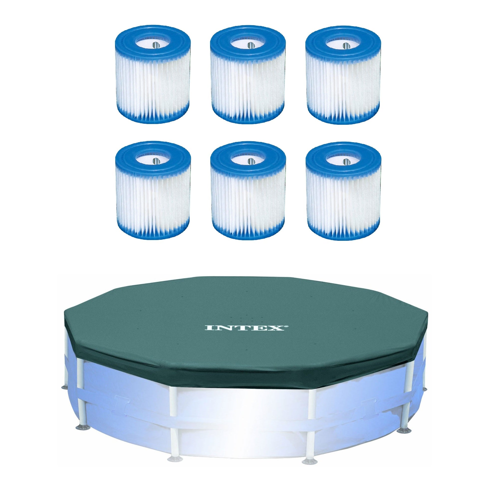 Intex Pool Filter (6 Pack) with Intex 10-Foot Round Above Ground Pool Cover - VMInnovations