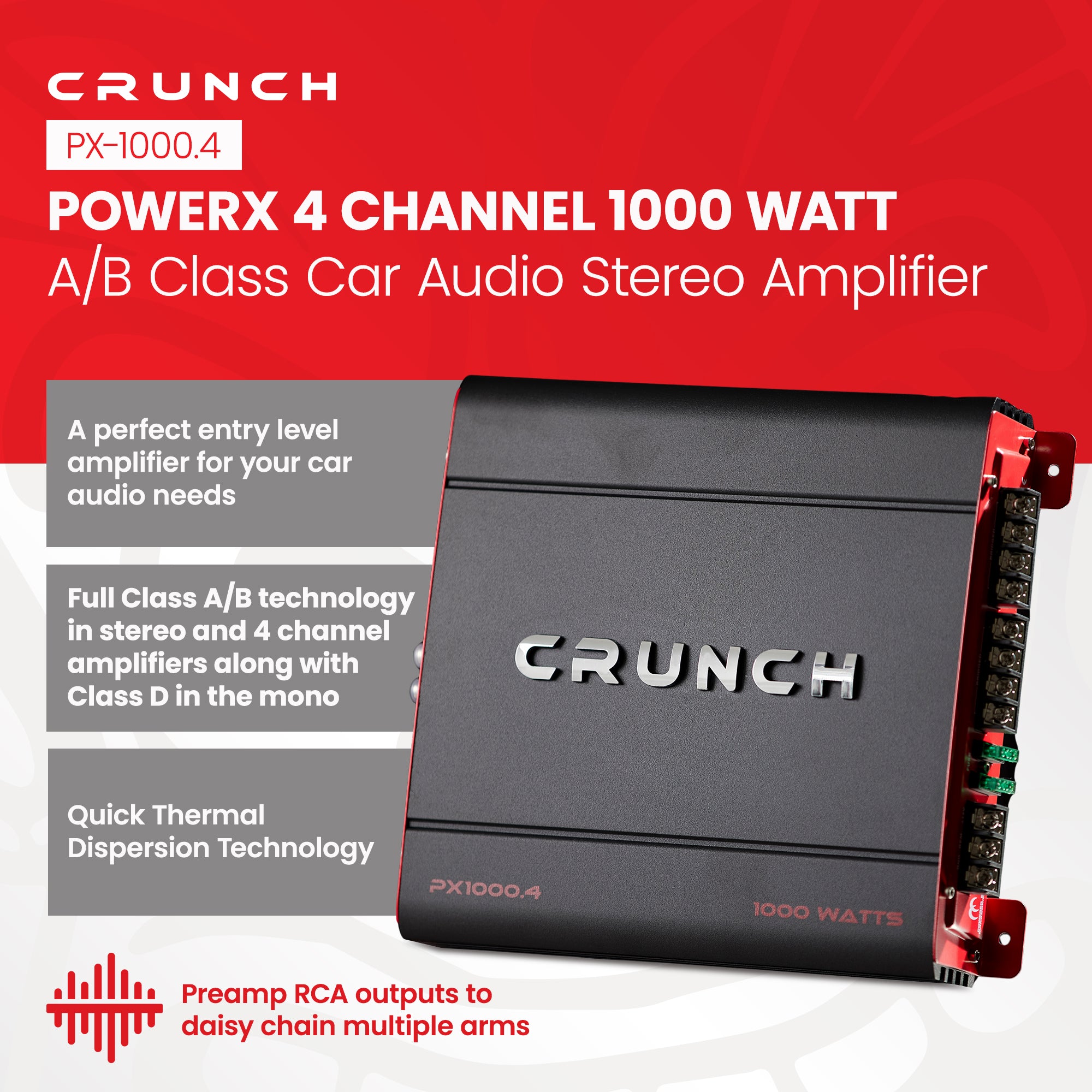 Crunch PX-1000.4 4 Channel 1000 Watt Amp A/B Class Car Stereo Power Amplifier - VMInnovations