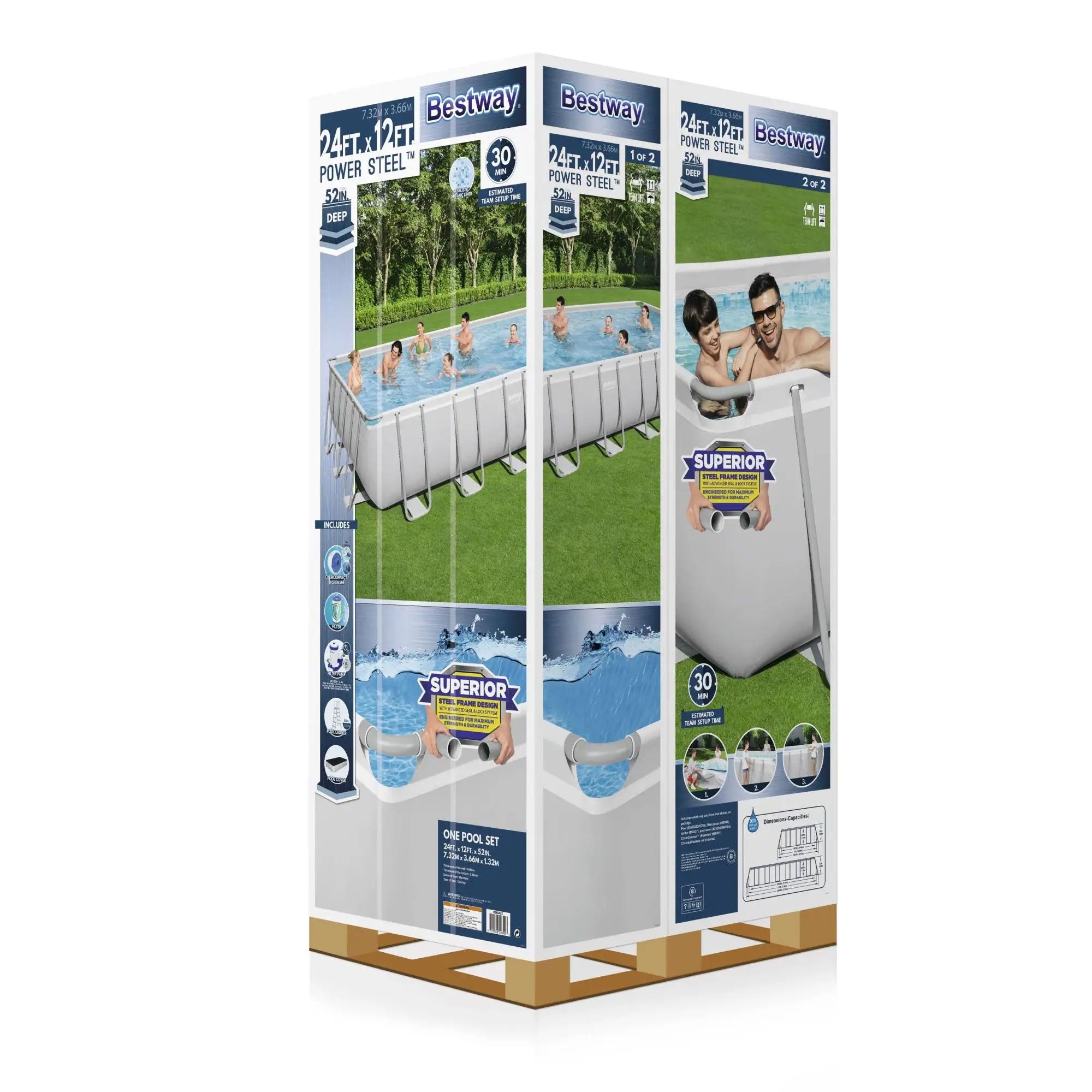 Bestway Power Steel 24' x 12' x 52" Rectangular Above Ground Swimming Pool Set