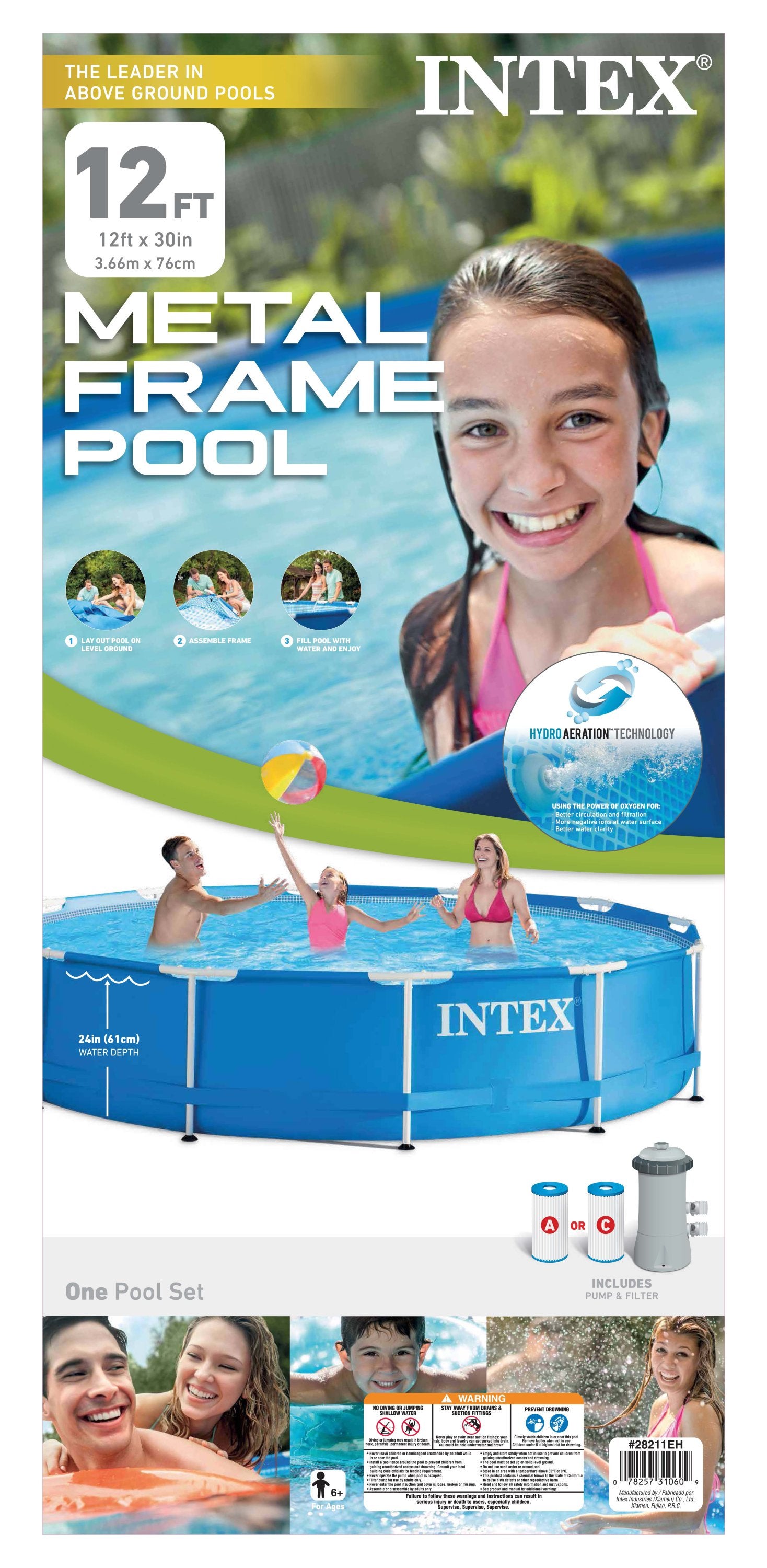Intex 12ft x 30in Metal Frame Set Above Ground Swimming Pool & Filter (2 Pack)