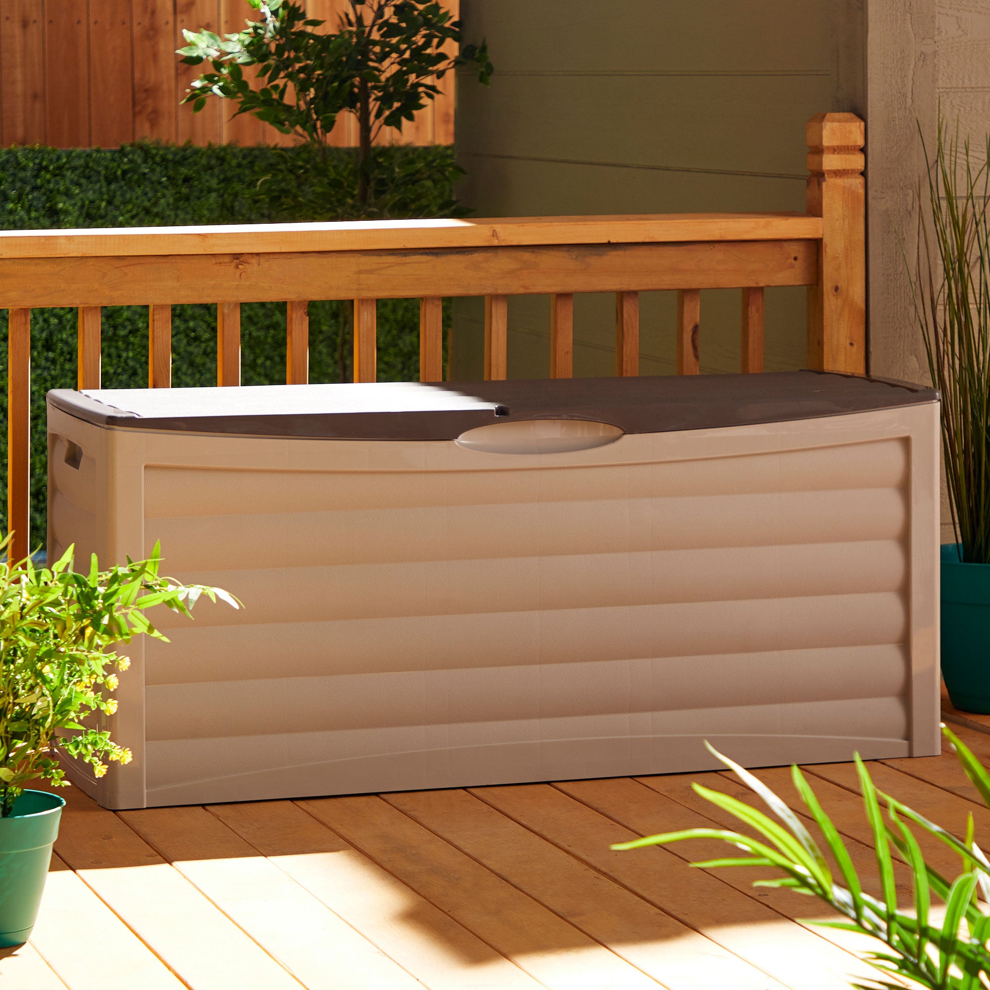 Suncast 103 Gallon Capacity Resin Patio Storage Deck Box, Mocha & Taupe (Used)