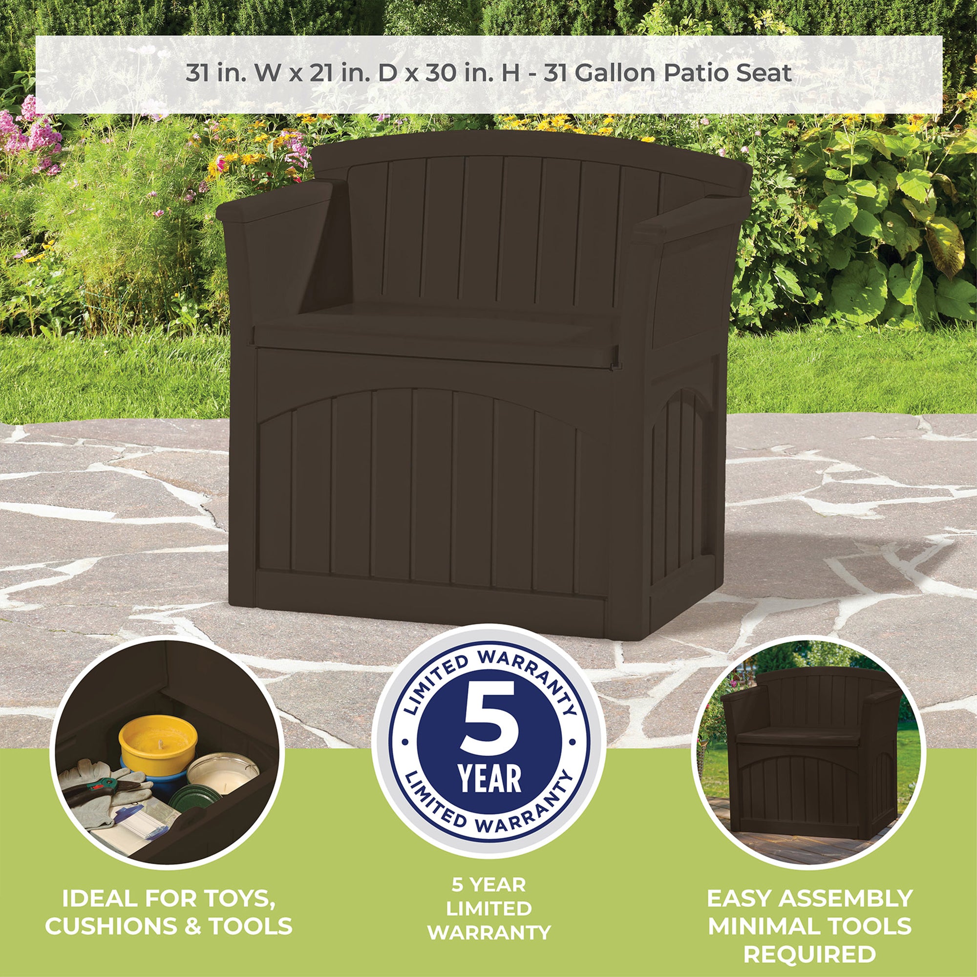 Suncast 31 Gallon Patio Seat Outdoor Storage and Bench Chair, Java | PB2600J - VMInnovations