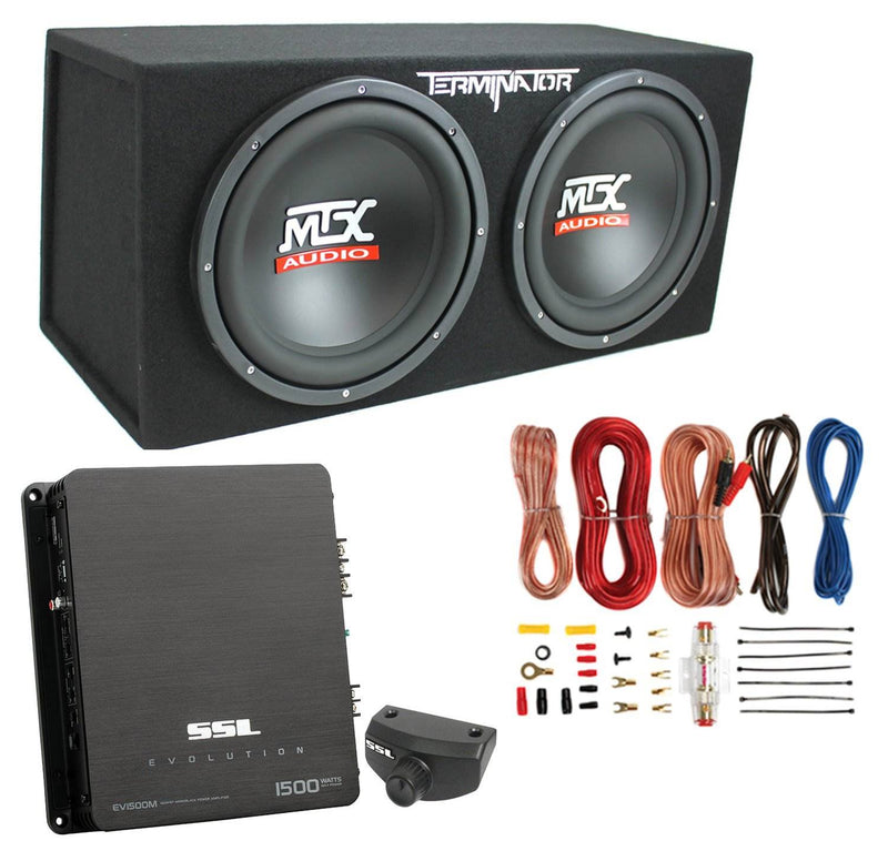 MTX TNE212D 12" 1200W Dual Loaded Car Subwoofer Box & SSL 1500W Amplifier w/ Kit