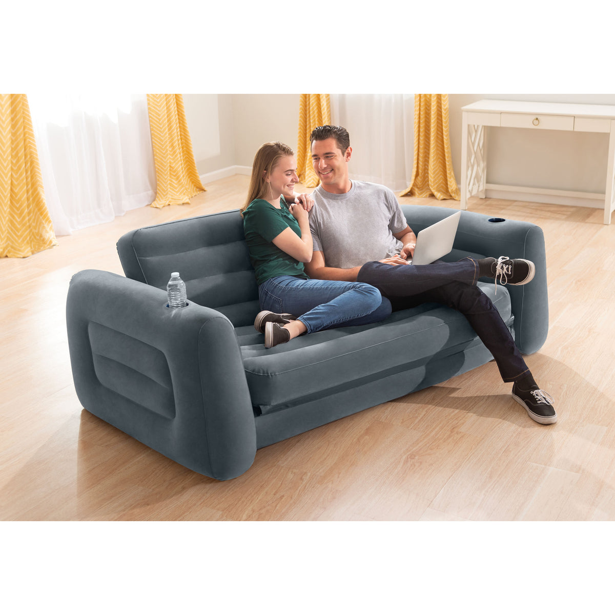 Intex Queen Size Inflatable Pull-Out Sofa Bed Sleep Away Futon Couch, Dark Gray (Refurbished)