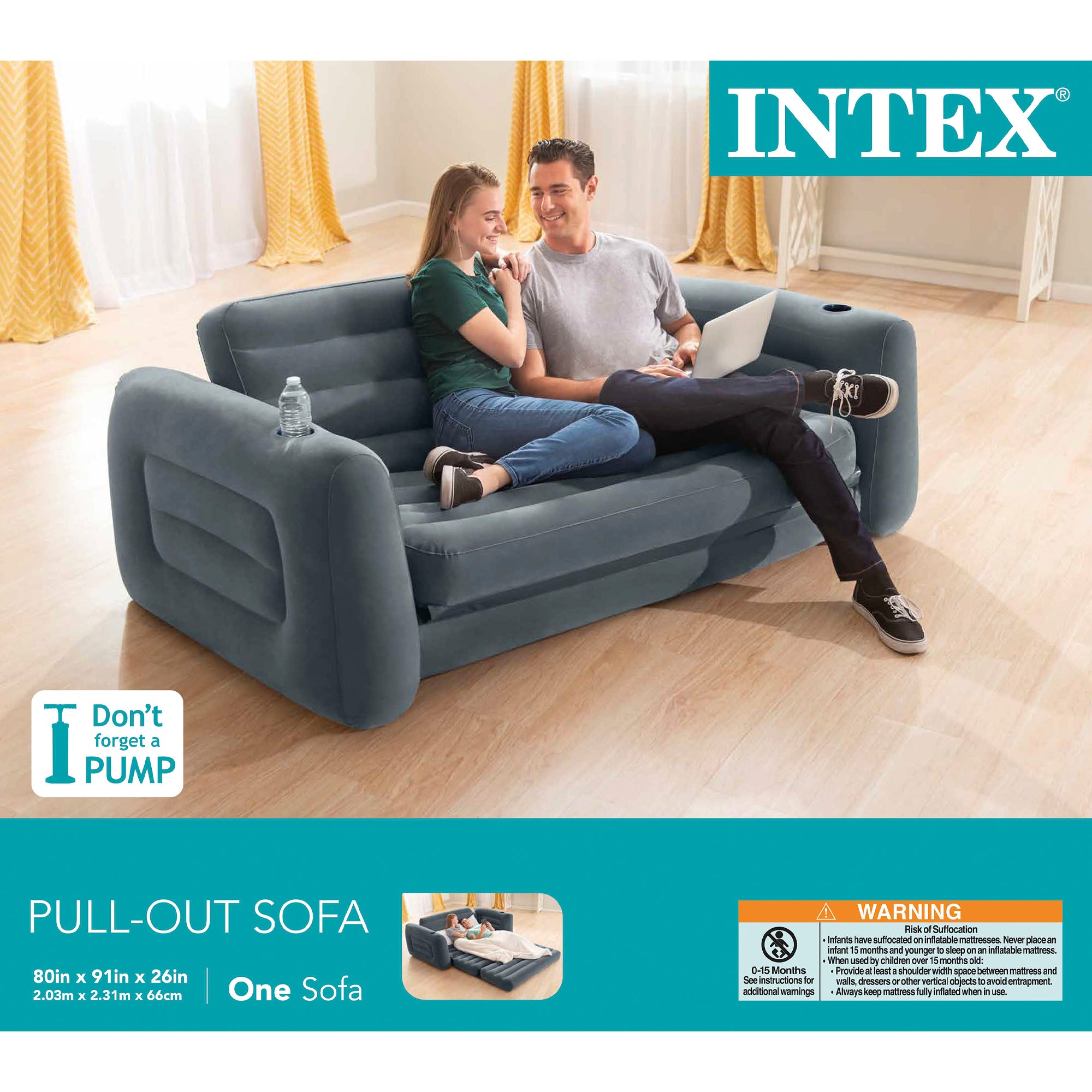 Intex Queen Size Inflatable Pull-Out Sofa Bed Sleep Away Futon Couch, Dark Gray (Refurbished)