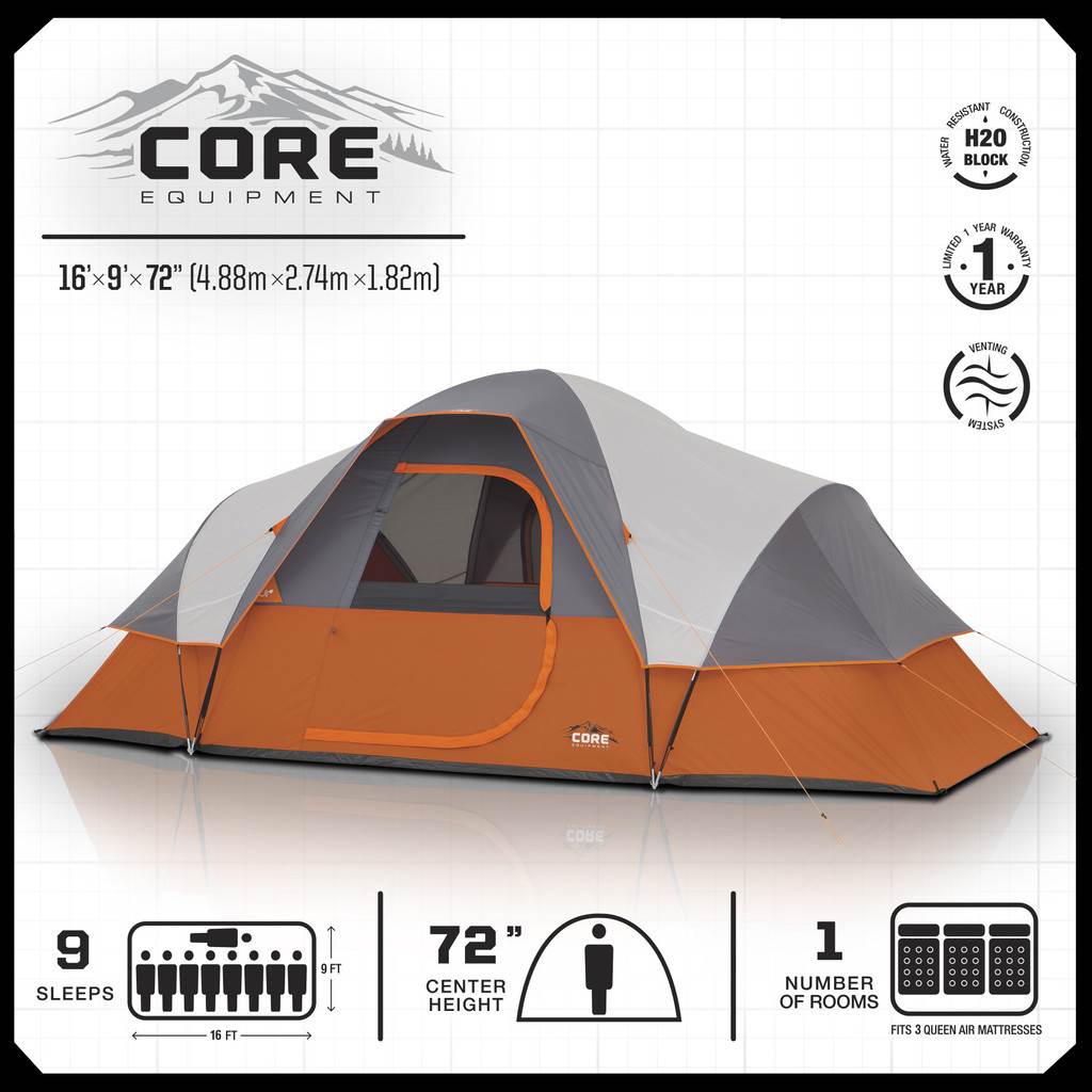 CORE Equipment 9 Person 16' x 9' Extended Dome Camping Tent (Open Box)