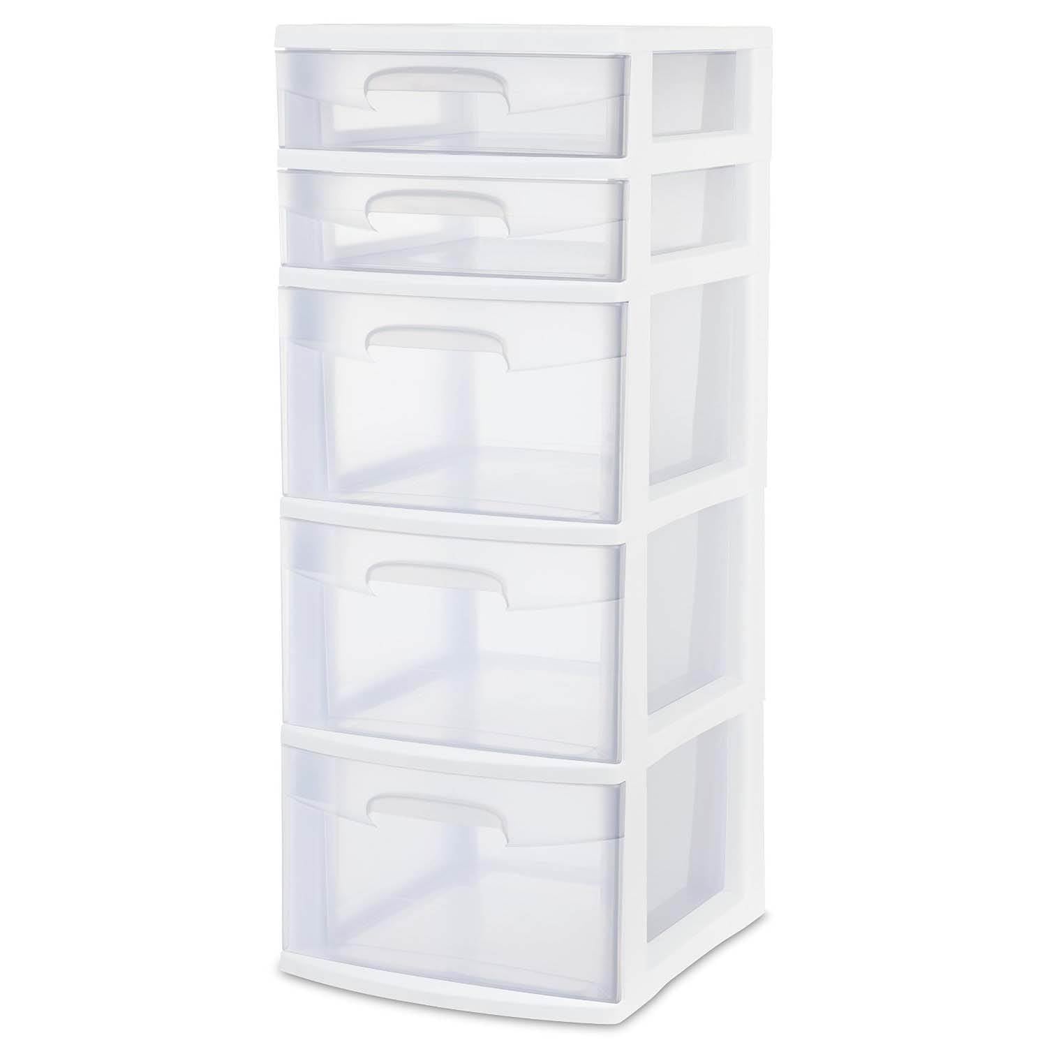 Sterilite 5 Drawer Tower with White Frame and Clear Drawers (Open Box)
