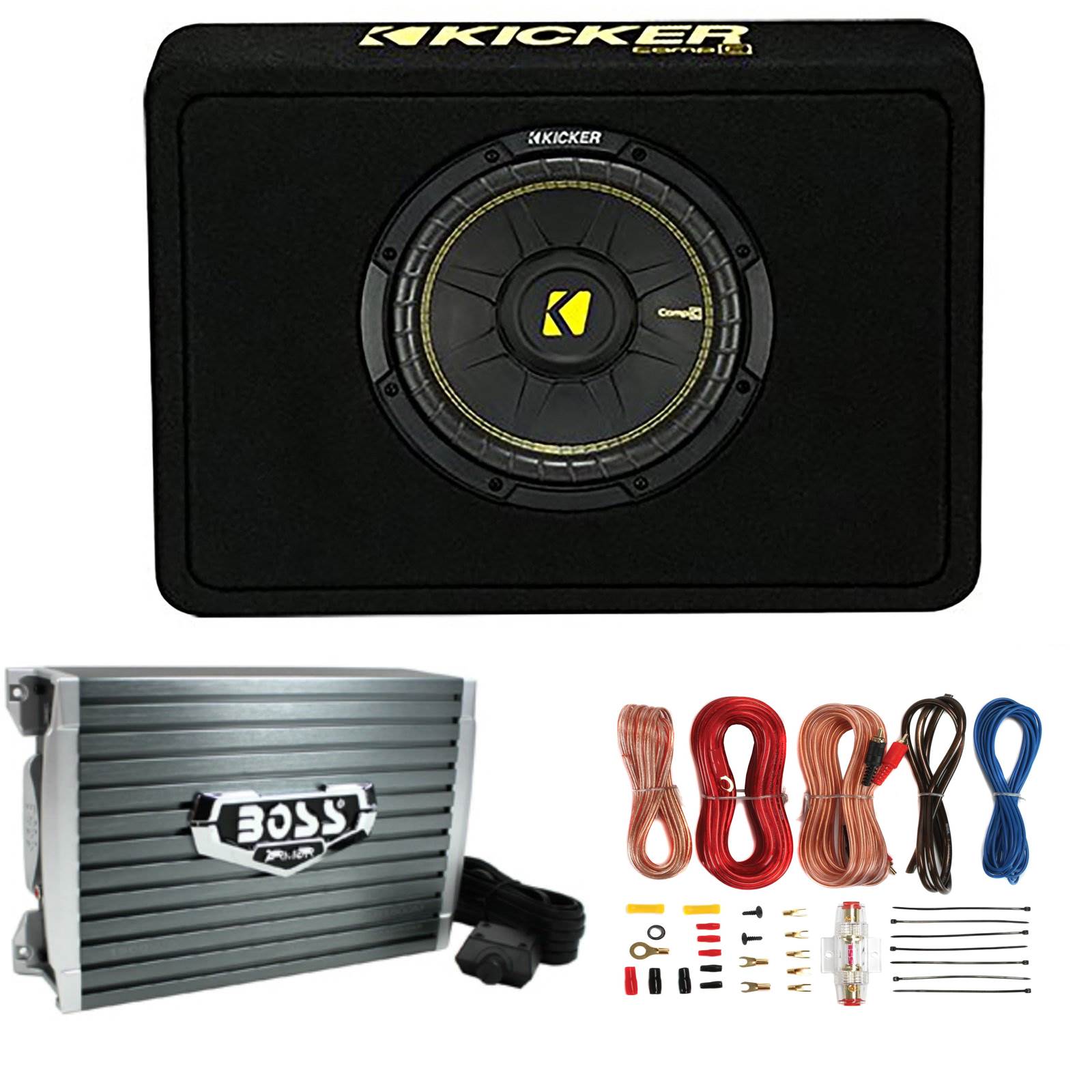 Kicker 10" 600W Vented Subwoofer Enclosure and1500W Mono Amplifier w/ Wiring Kit
