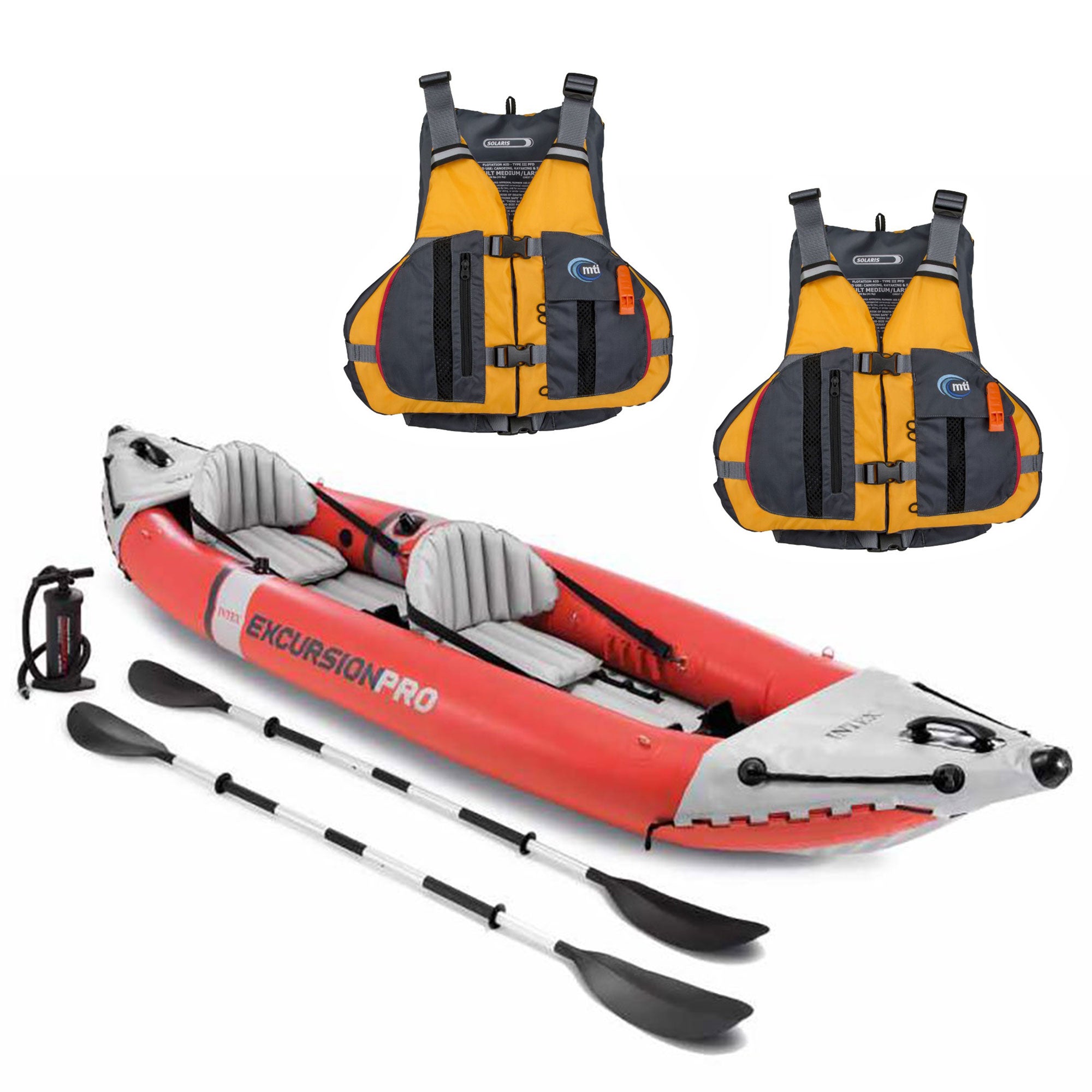 Intex Excursion Pro 2 Person Inflatable Kayak Set w/ 2 Solaris Life Jackets, M/L