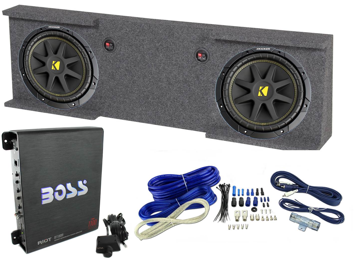 GMC Chevy Crew Cab 07-13 Box + 2) Kicker 10" Subwoofers + Boss R1100M Amp + Wire