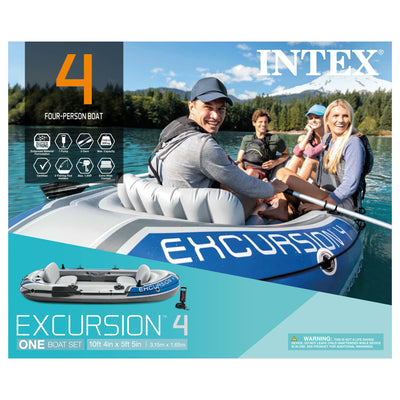 Intex Excursion 4 Person Inflatable Rafting and Fishing Boat Set with 2 Oars