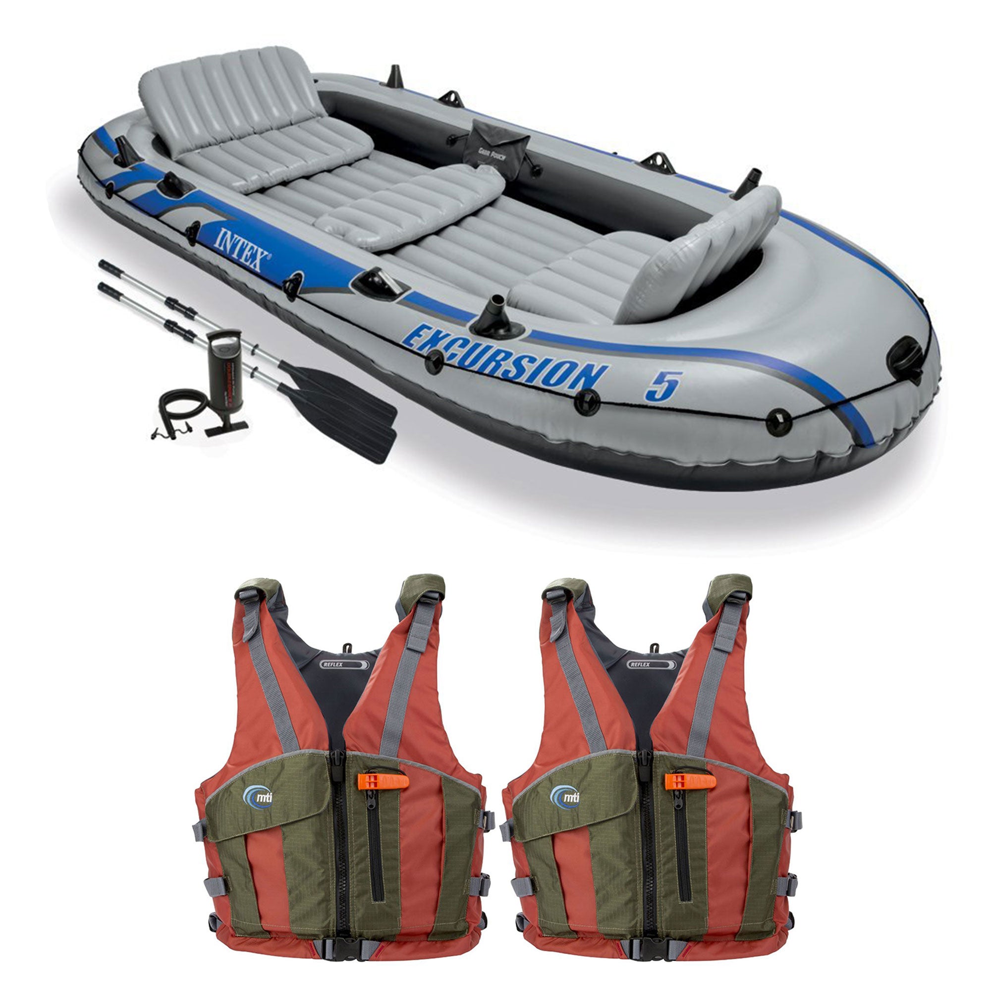 Intex Excursion 5 Person Inflatable Raft, 2 Oars and 2 Copper Life Jackets, M/L