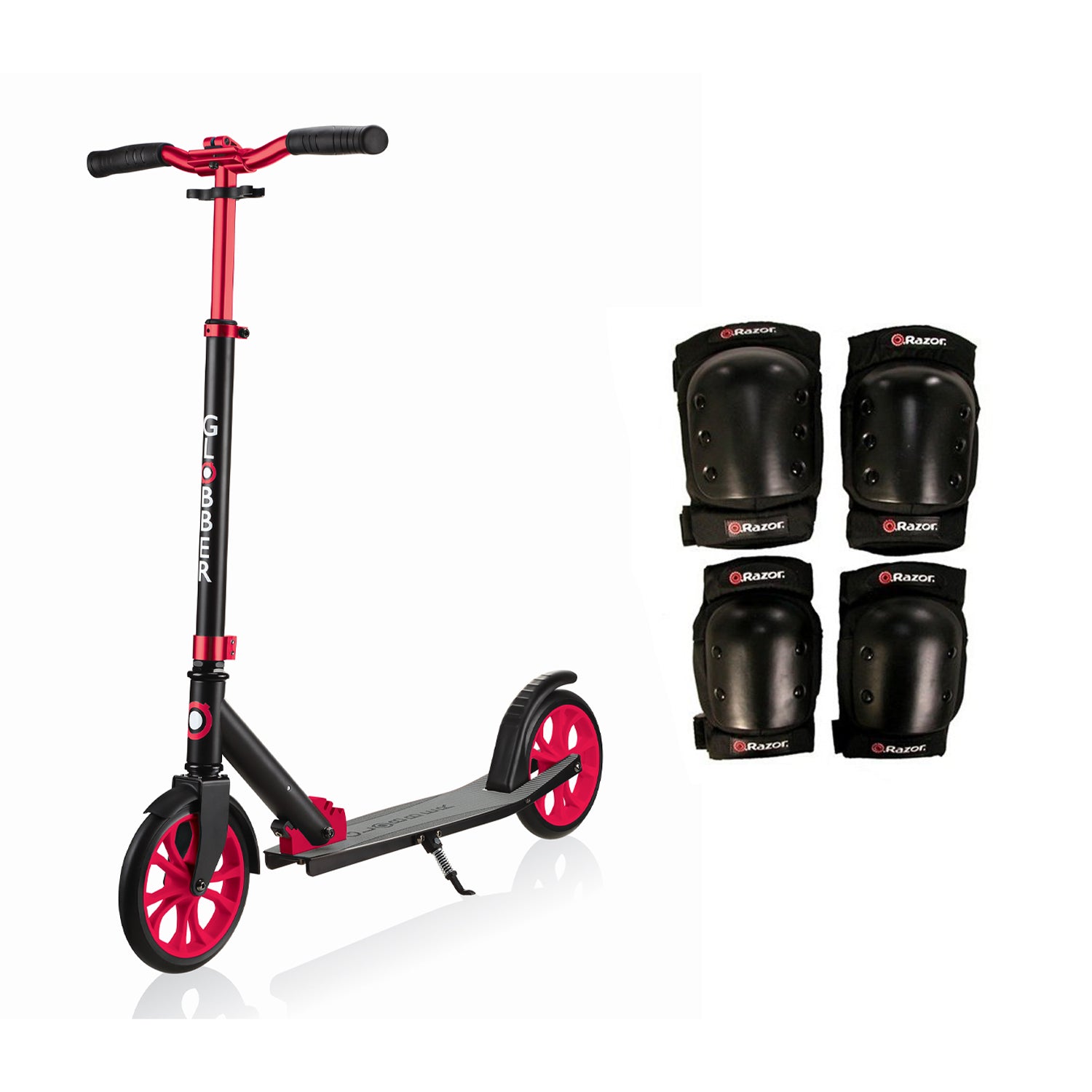 Globber NL 500-205 2-Wheel Kick Scooter, Red and Razor Elbow & Knee Pad Set