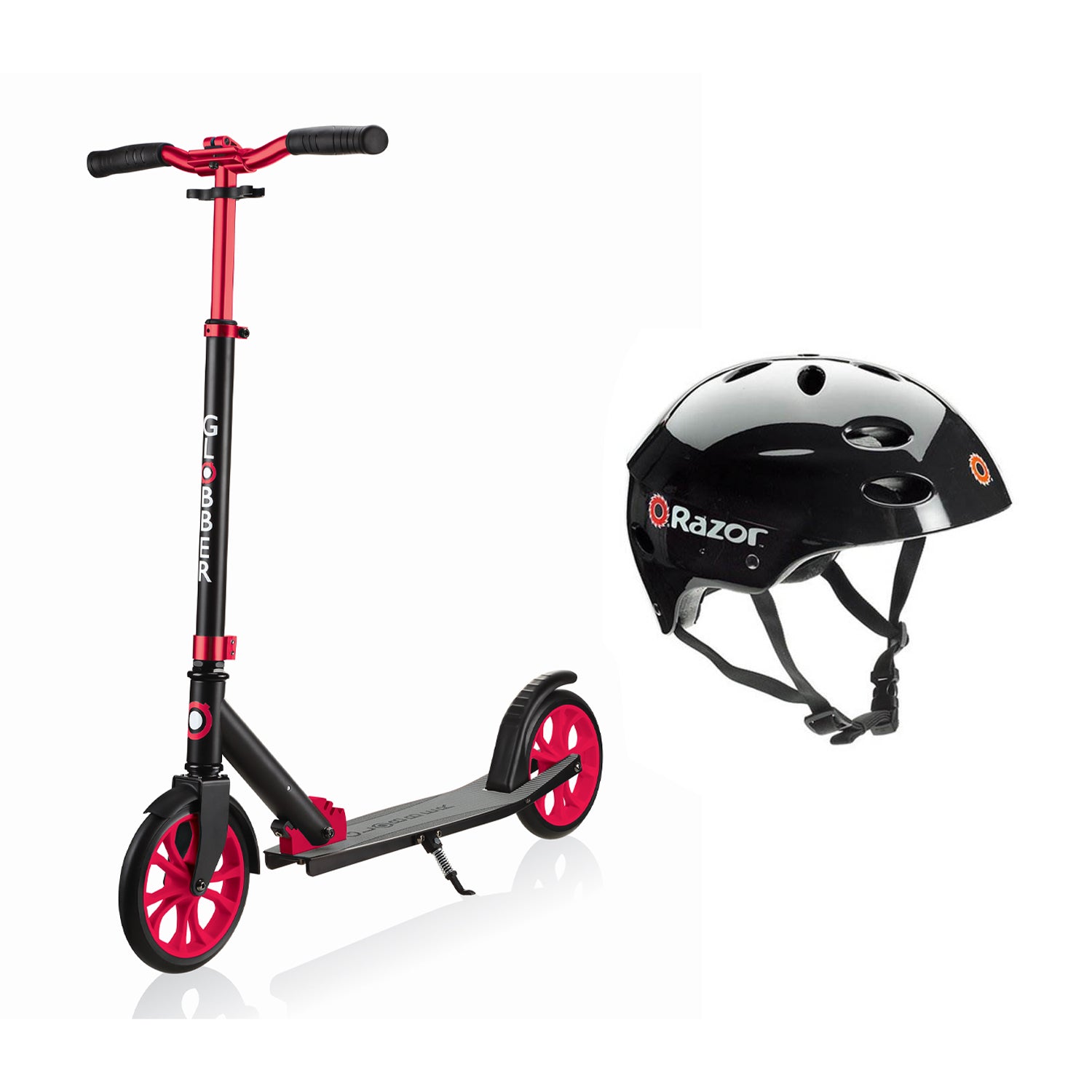 Globber NL 500-205 Foldable 2-Wheel Kick Scooter, Red and Helmet, Glossy Black