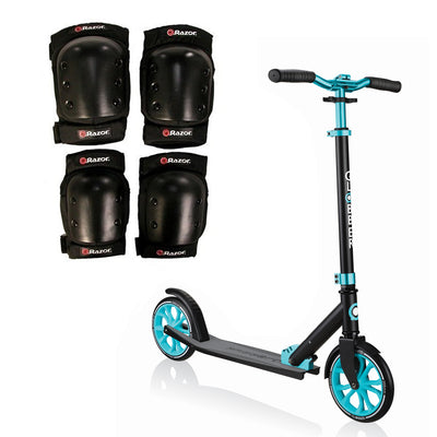 Globber NL Foldable 2-Wheel Kick Scooter and Razor Youth Elbow & Knee Pad Set