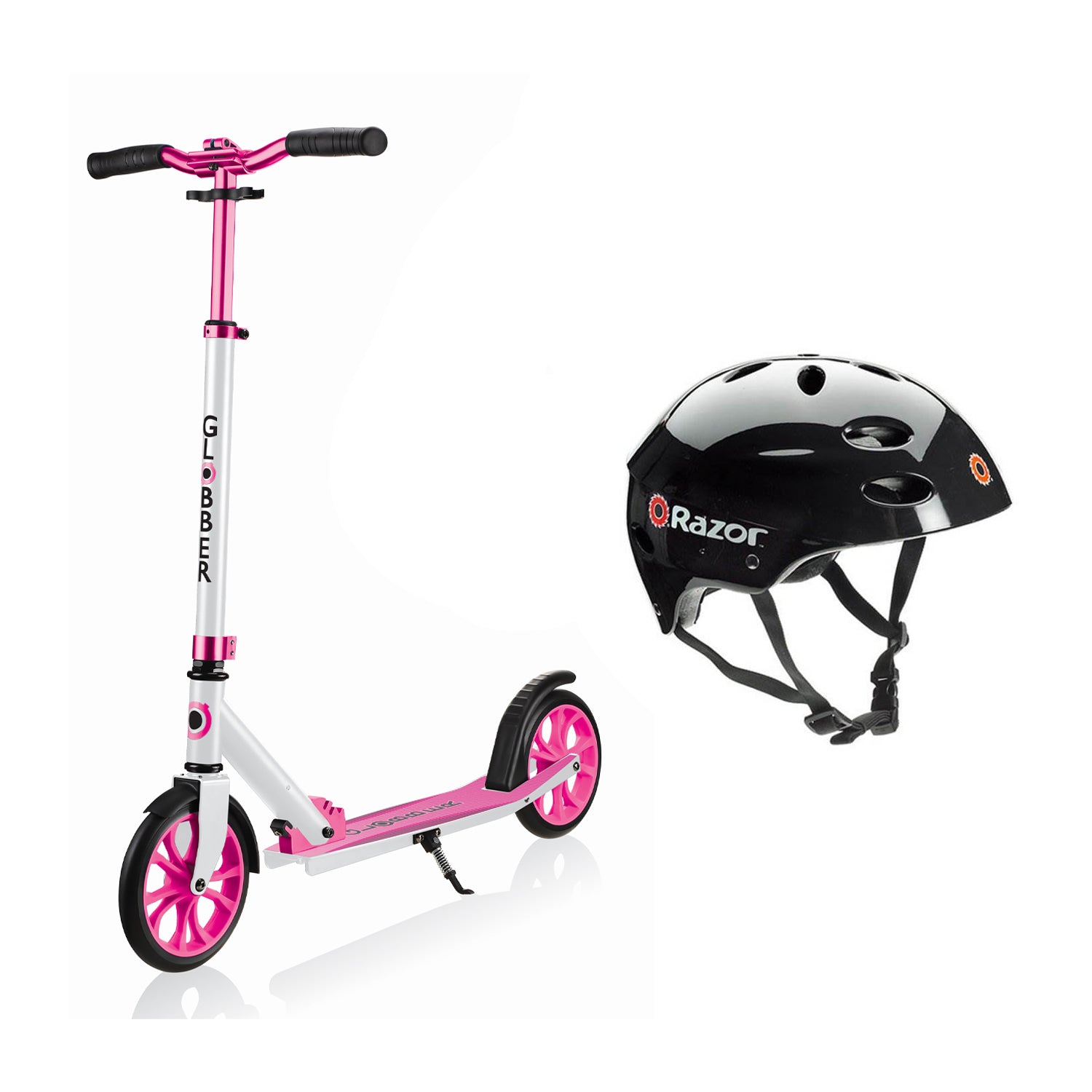 Globber NL 684-110 Foldable 2-Wheel Kick Scooter, Pink with Razor Helmet, Glossy Black