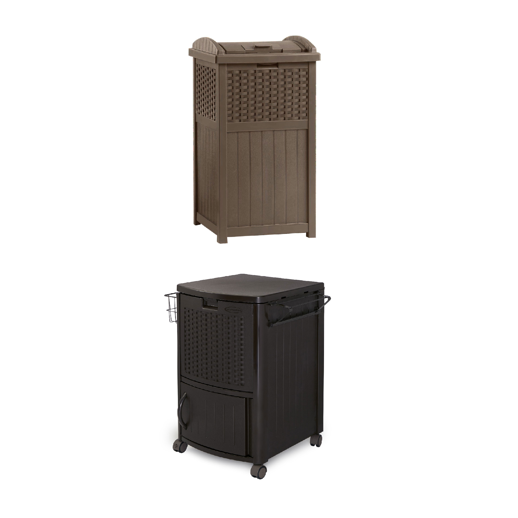 Suncast 77 Quart Patio Cooler w/ Cabinet and Basket w/ Wicker Trash Hideaway - VMInnovations