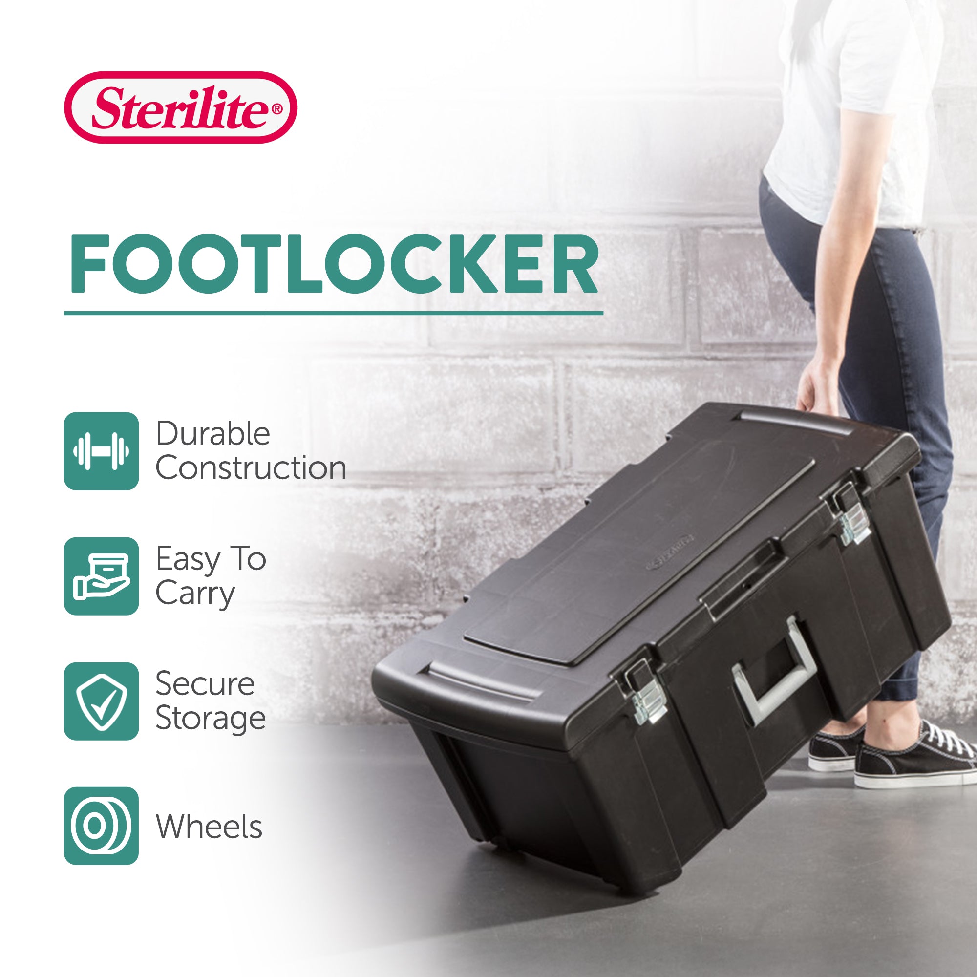 Sterilite Wheeled Footlocker, Plastic Utility Storage Container, Black, 4 Pack