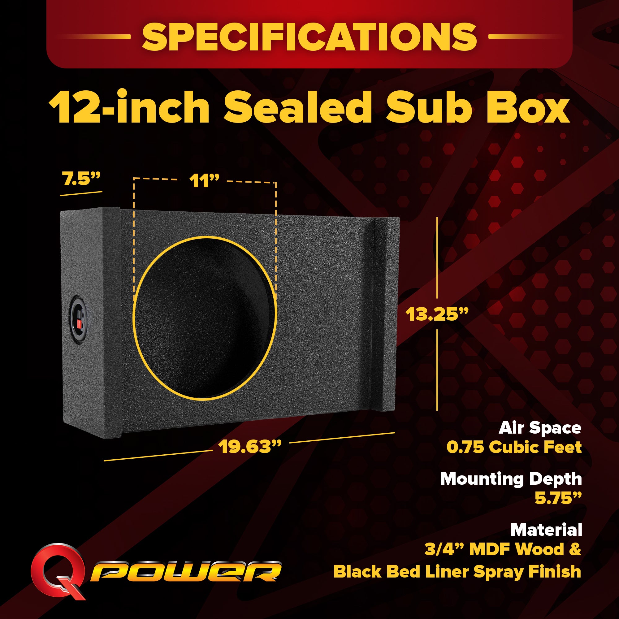 QPower Single 12 Inch Sub Enclosure, Universal Downfire/Behind Seat Speaker Box