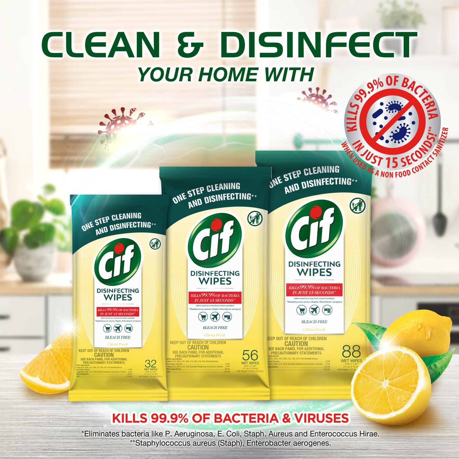 Fine Life Products Cif Multi Surface Disinfecting Citrus Wipes, 56 Ct (14 Pack)