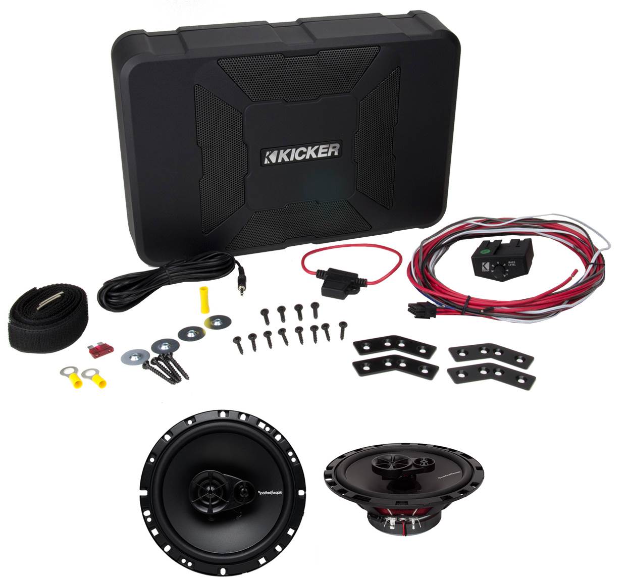 KICKER 8" 150W Hideaway Car Audio Powered Subwoofer Sub and 6.5" 3-Way Speakers