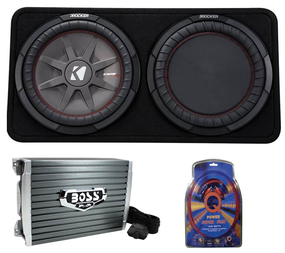 Kicker 43TCWRT124 1000W 12" 4-Ohm Slim Shallow Subwoofer+Box+Amplifier+Amp Kit