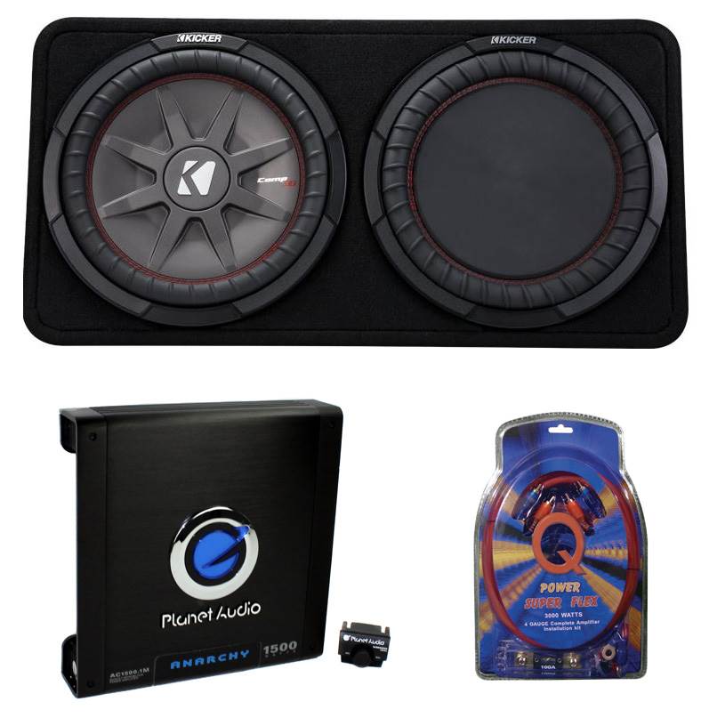 Kicker 43TCWRT124 1000W 12" 4-Ohm Slim Subwoofer with Box, Amplifier, & Amp Kit
