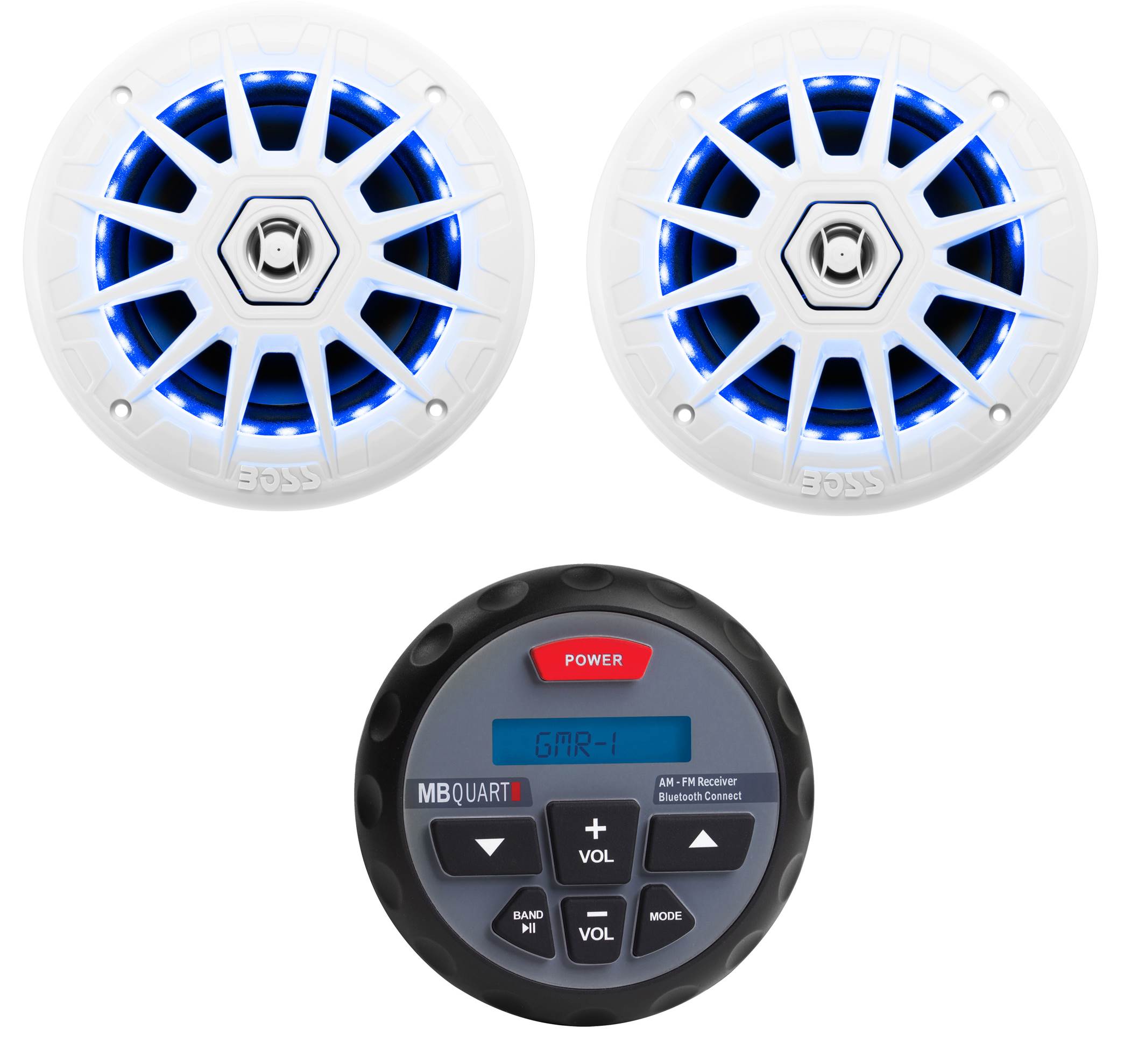 MB Quart Nautic GMR-1 Marine ATV Boat Bluetooth Gauge Receiver + 2) LED Speakers