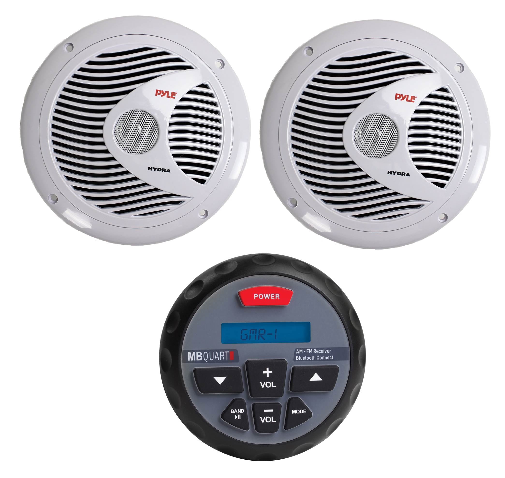 MB Quart Nautic GMR-1 Marine ATV Boat Bluetooth Gauge Receiver + 2) 6.5 Speakers