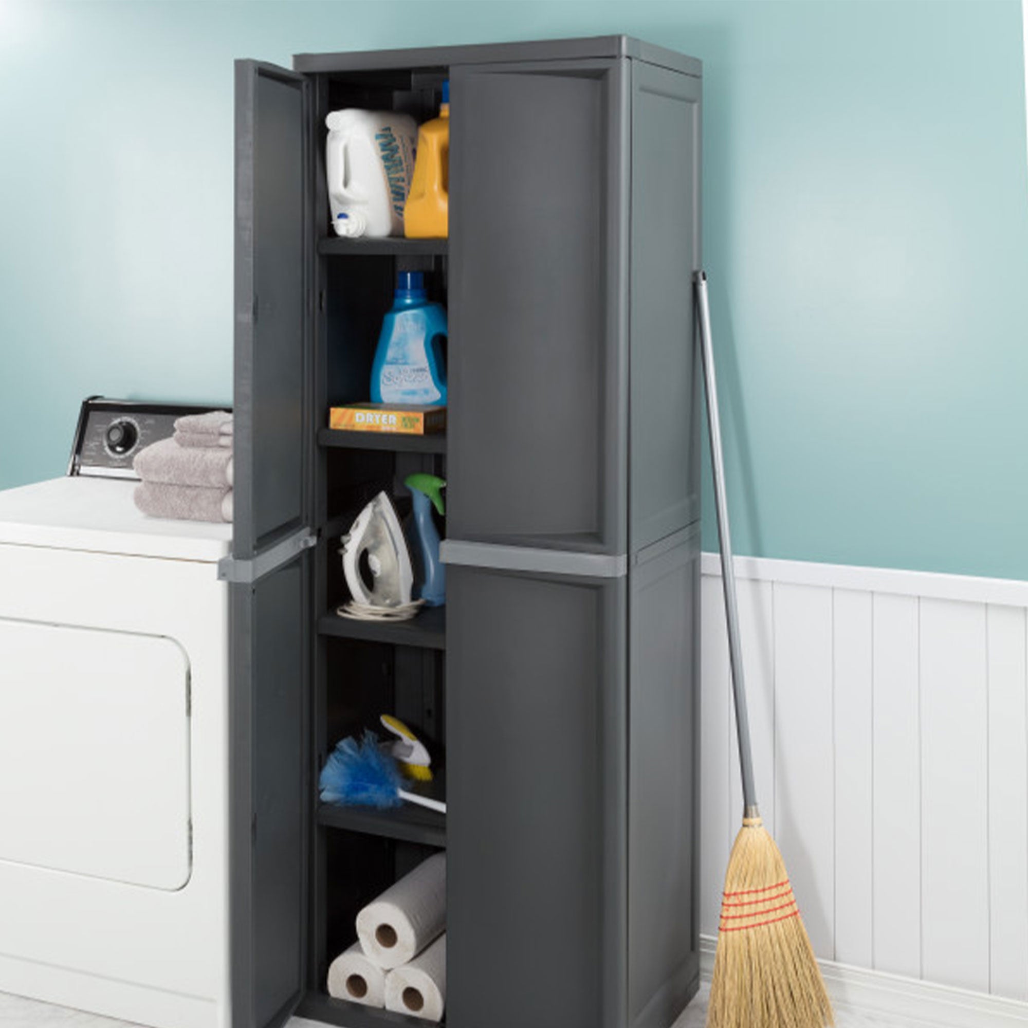 Sterilite Adjustable 4-Shelf Storage Cabinet With Doors, Gray (Used)