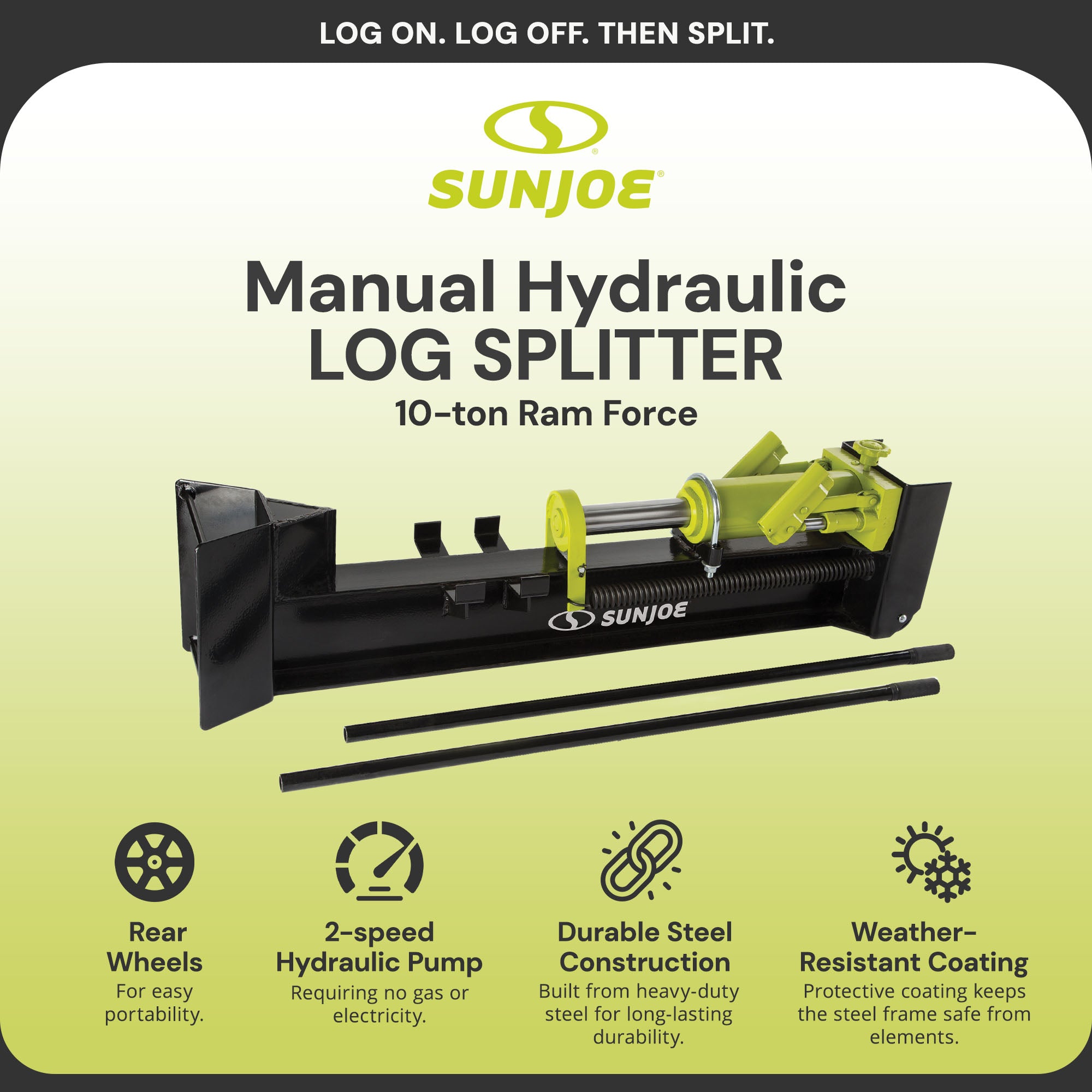 Sun Joe Hydraulic Steel Beam Log Splitter, 10 Ton Capacity Firewood Tool, LJ10M