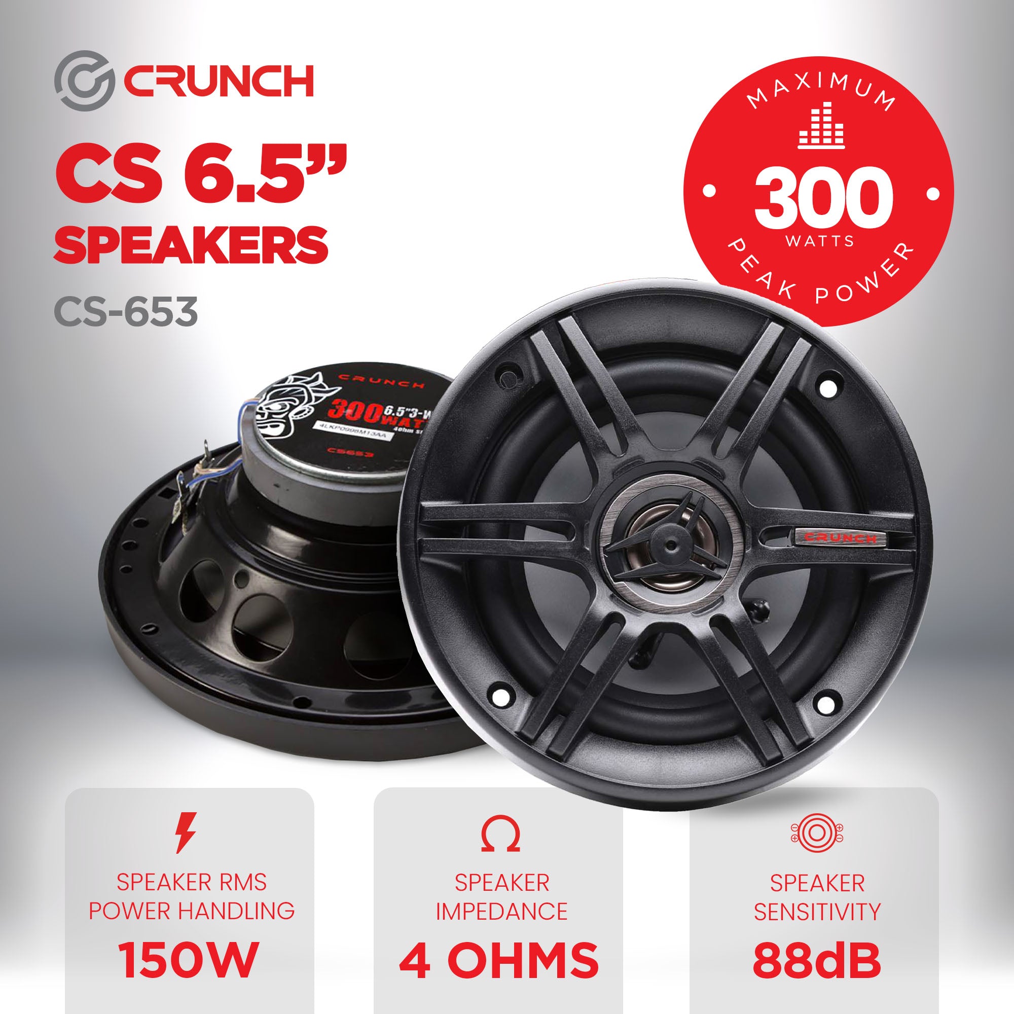 Crunch 300 Watts 6.5" 3-Way 4 Ohms Steel Basket CS Speakers (Open Box)