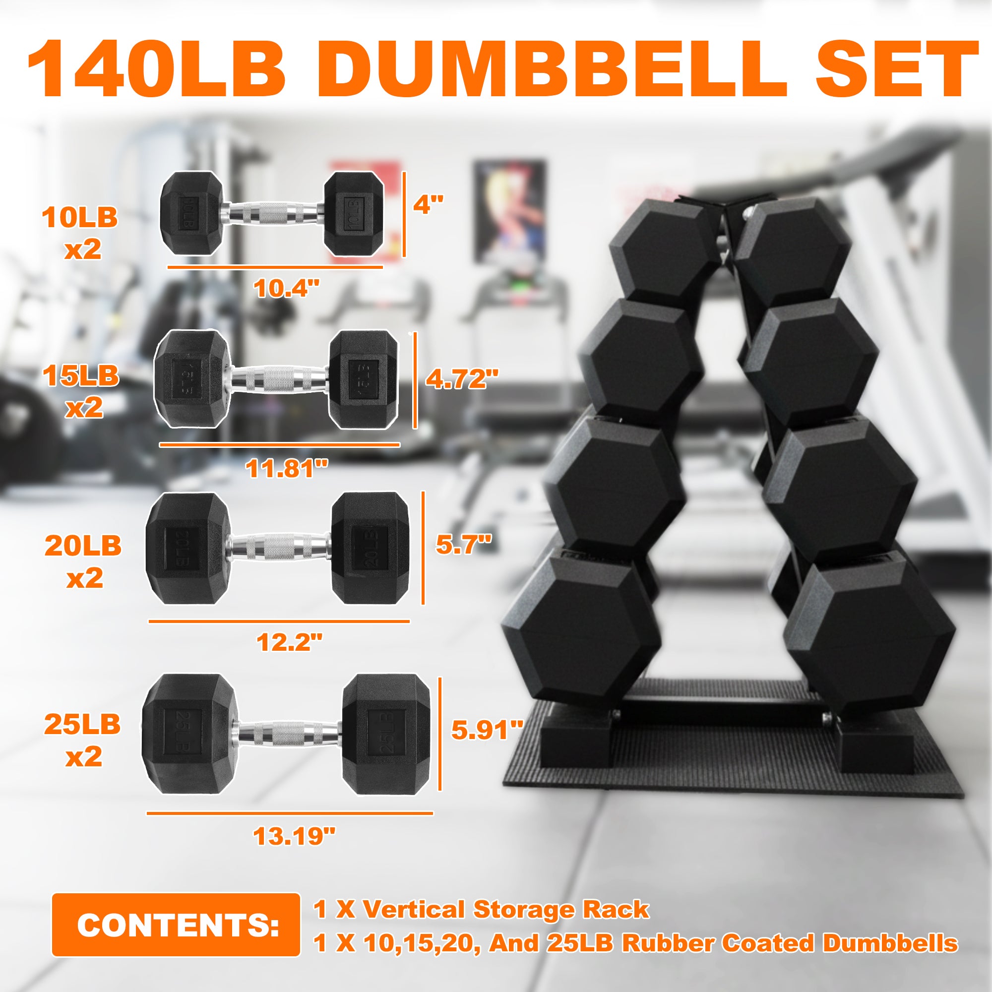 BalanceFrom Dumbbell Set with Stand, Rubber Encased Home Gym Hand Weights, 140lb