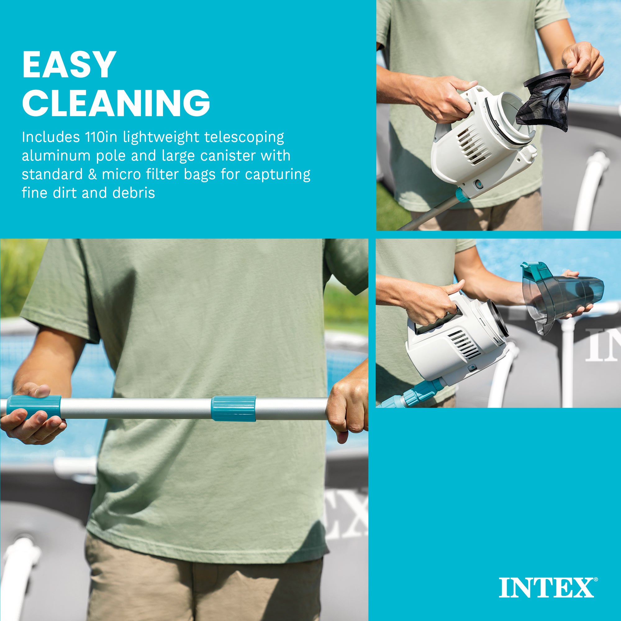 Intex ZR200 Rechargeable Cordless Telescoping Pool Vacuum with 2 Brush Heads