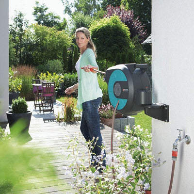 Gardena 8136 Pulsating Lawn Sprinkler Bundle with 50 Foot Garden Hose Reel Box