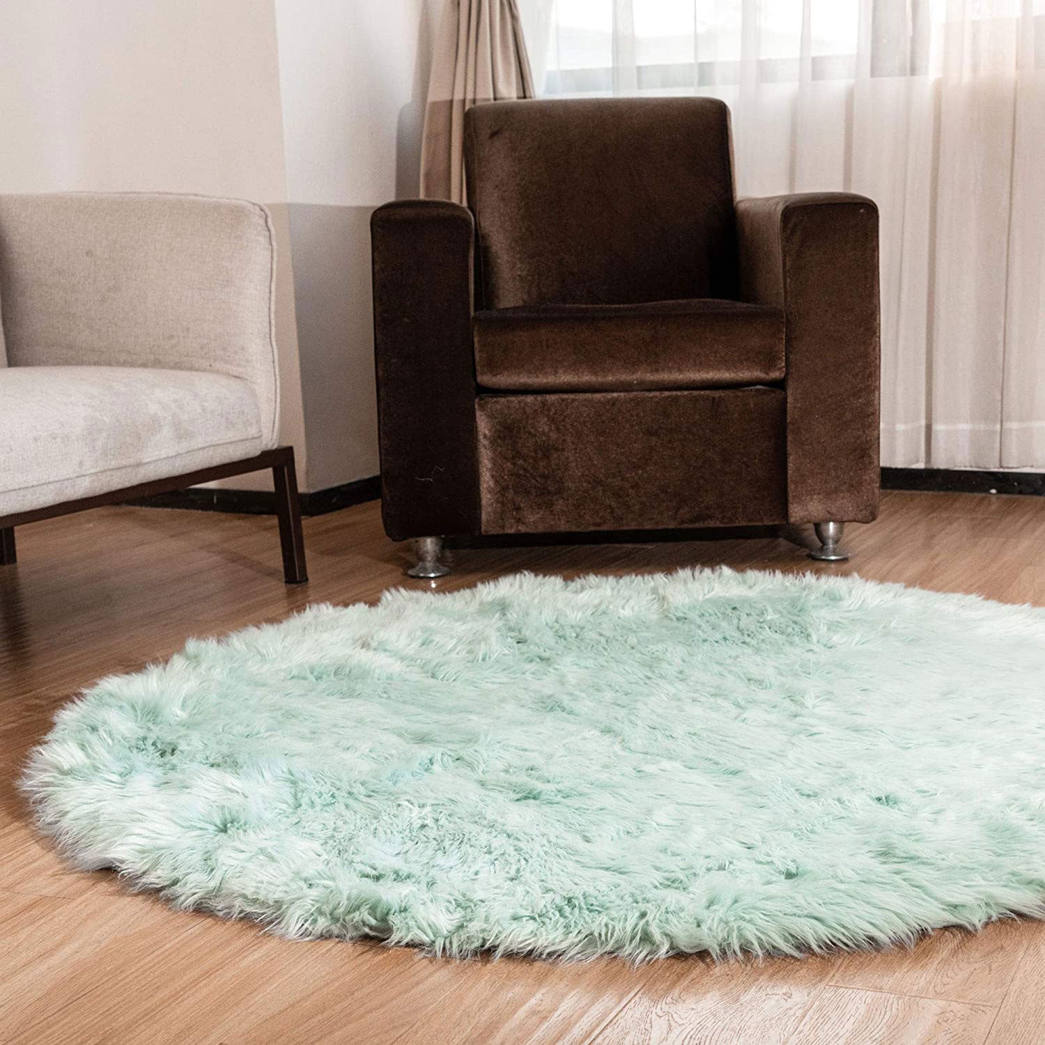 Super Area Rugs Round 3 Foot Plush Soft Faux Fake Sheepskin Fur Shag Rug, Teal (Refurbished)