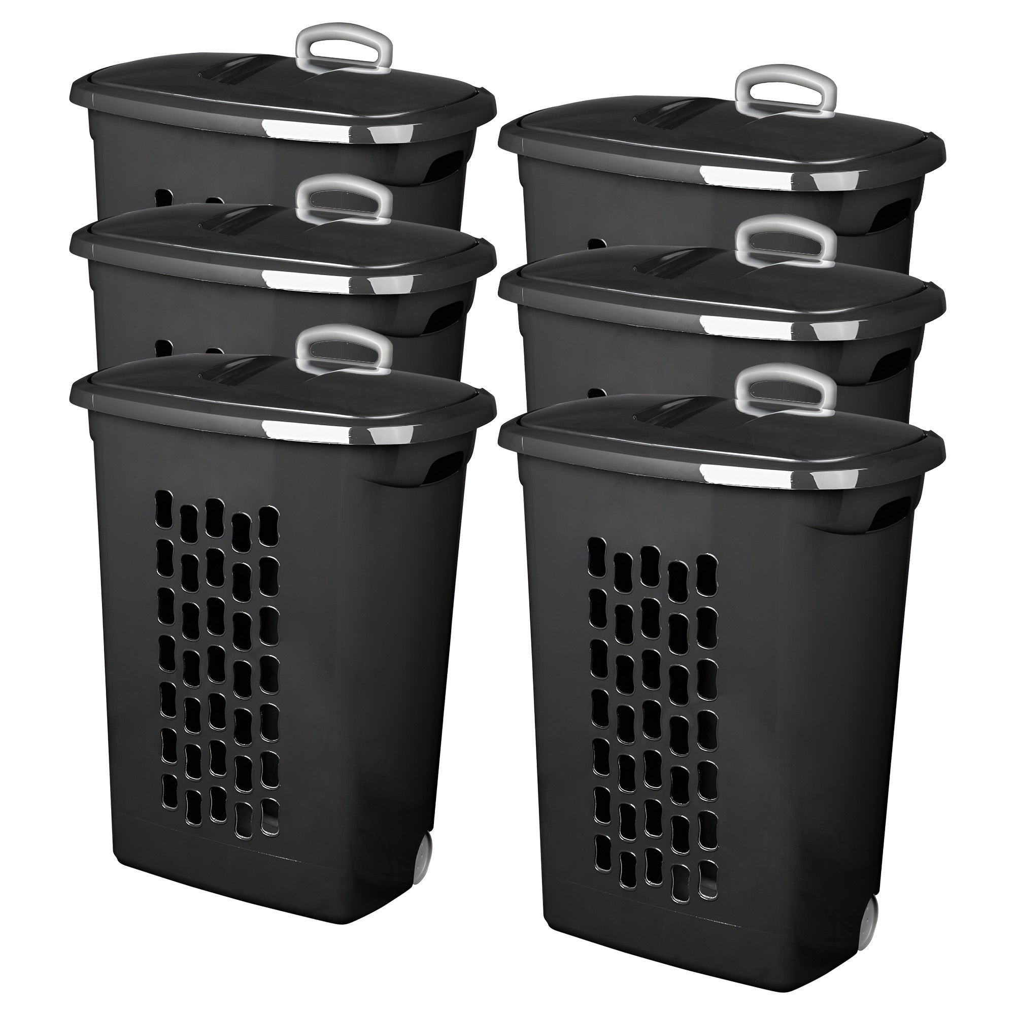 Sterilite Ultra Wheeled Laundry Hamper, Plastic Clothes Bin, Black, 6 Pack - VMInnovations