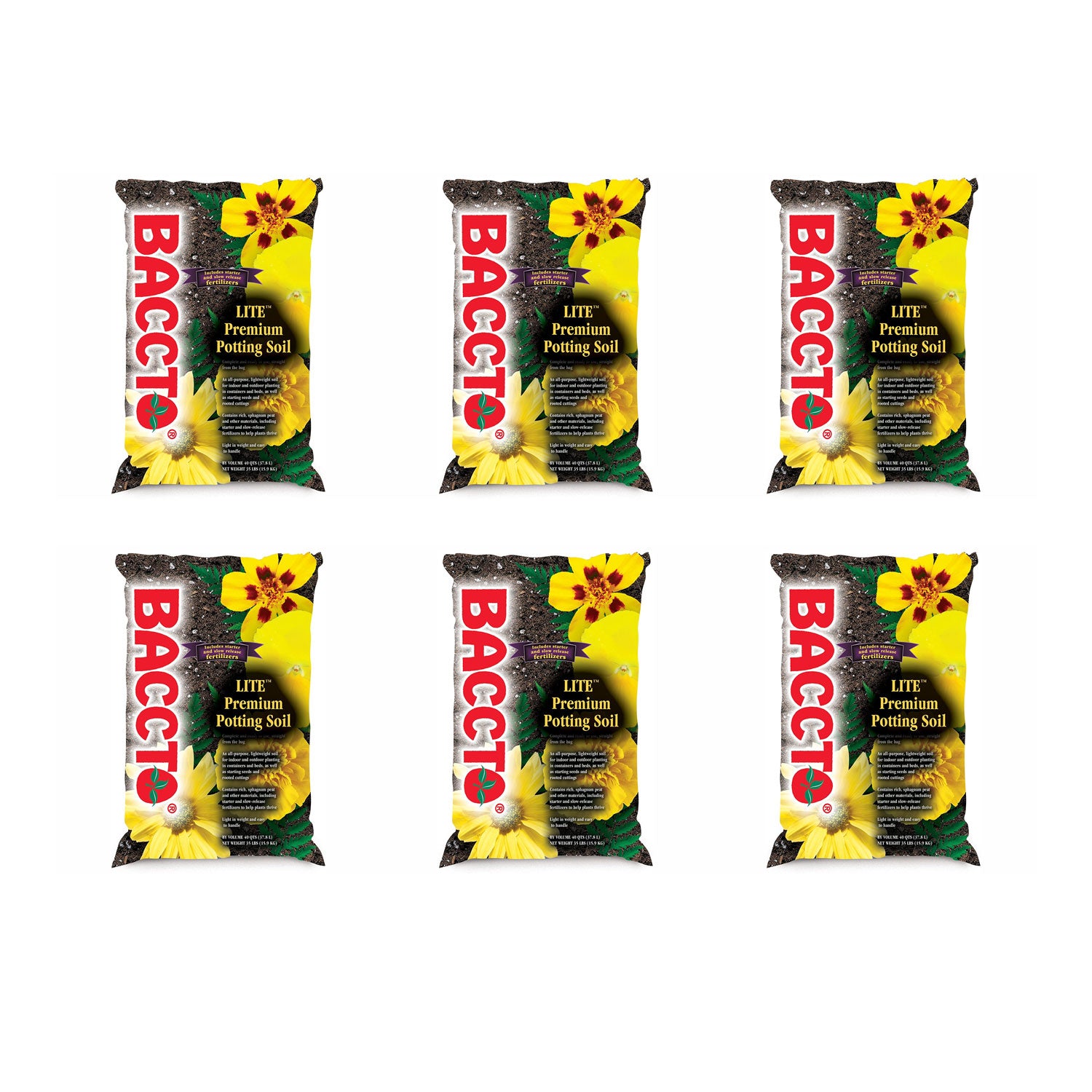 Michigan Peat Baccto Lite Premium Potting Soil, 40 qt / 35 lb Bag (6 Pack) - VMInnovations