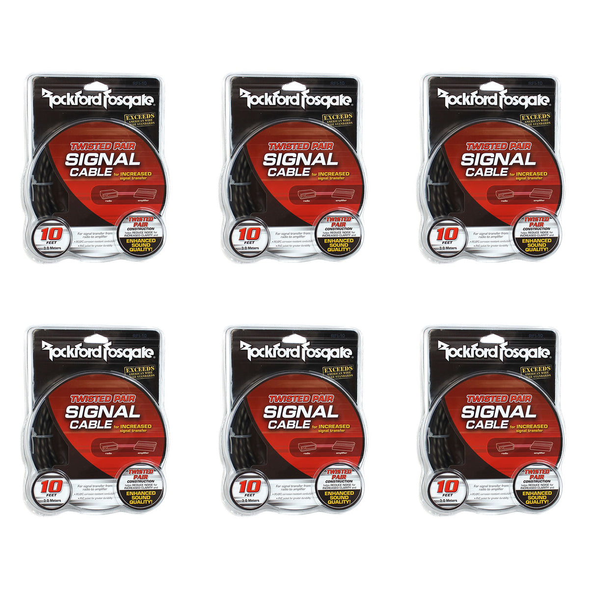 Rockford Fosgate RFI-10 10 Feet Twisted RCA Car Audio Signal Cable (6 Pack)
