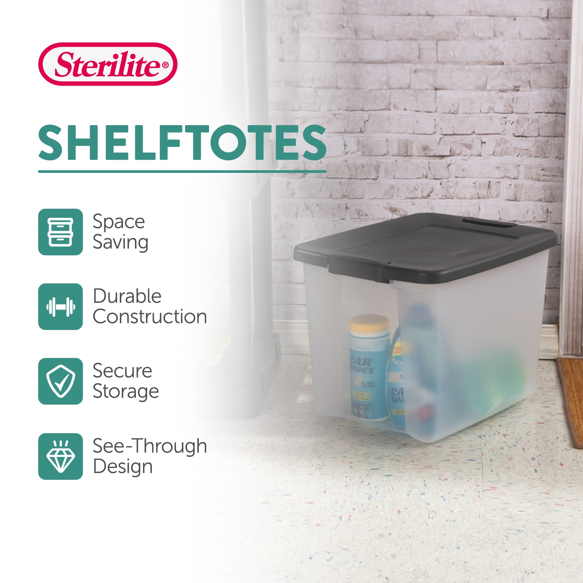 Sterilite 50Qt ShelfTote, Stackable Storage Bin with Latching Lid, Clear, 6 Pack - VMInnovations