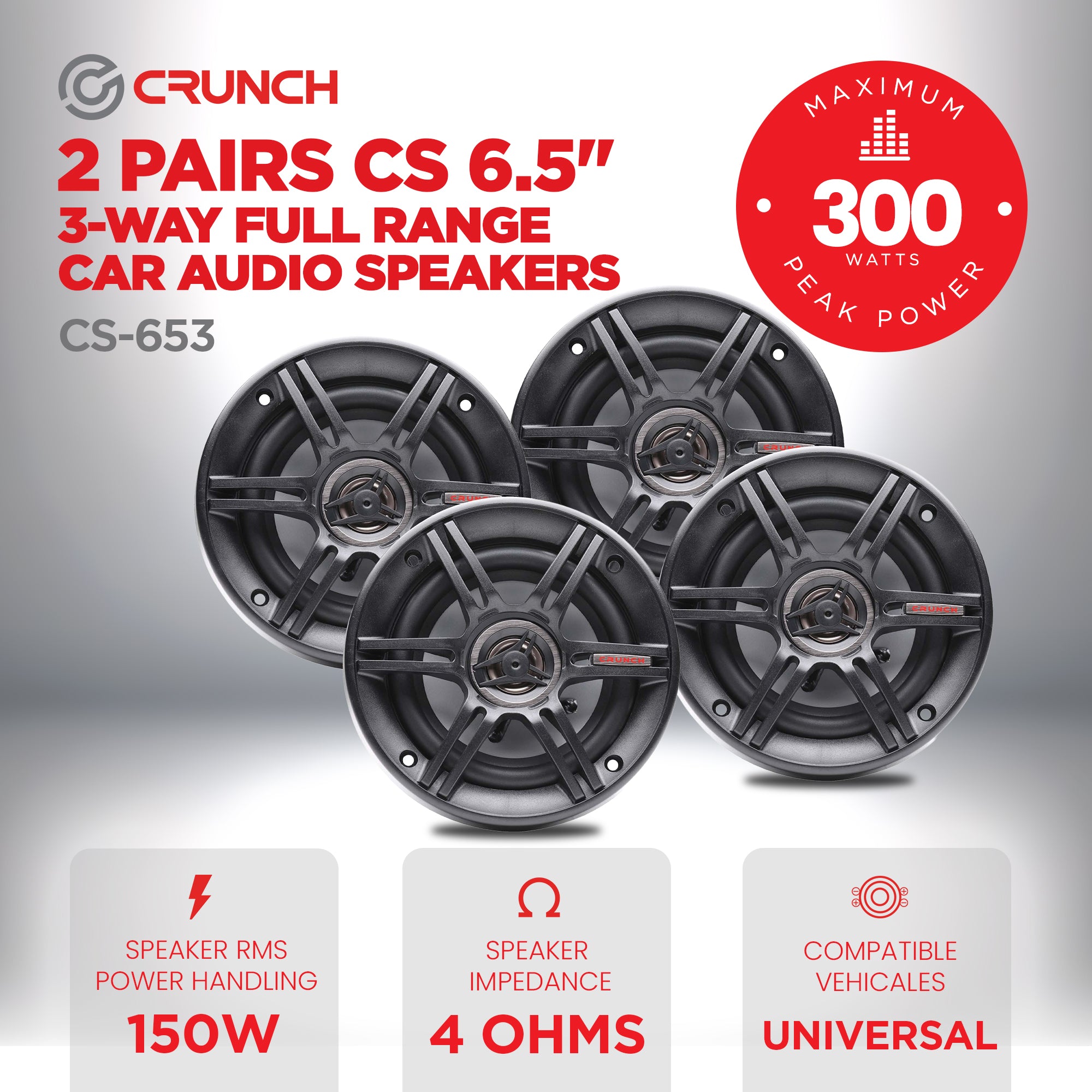 Crunch CS-653 300 Watts 6.5-Inch 3-Way 4 Ohms Car CS Speakers, Black, 2 Pair