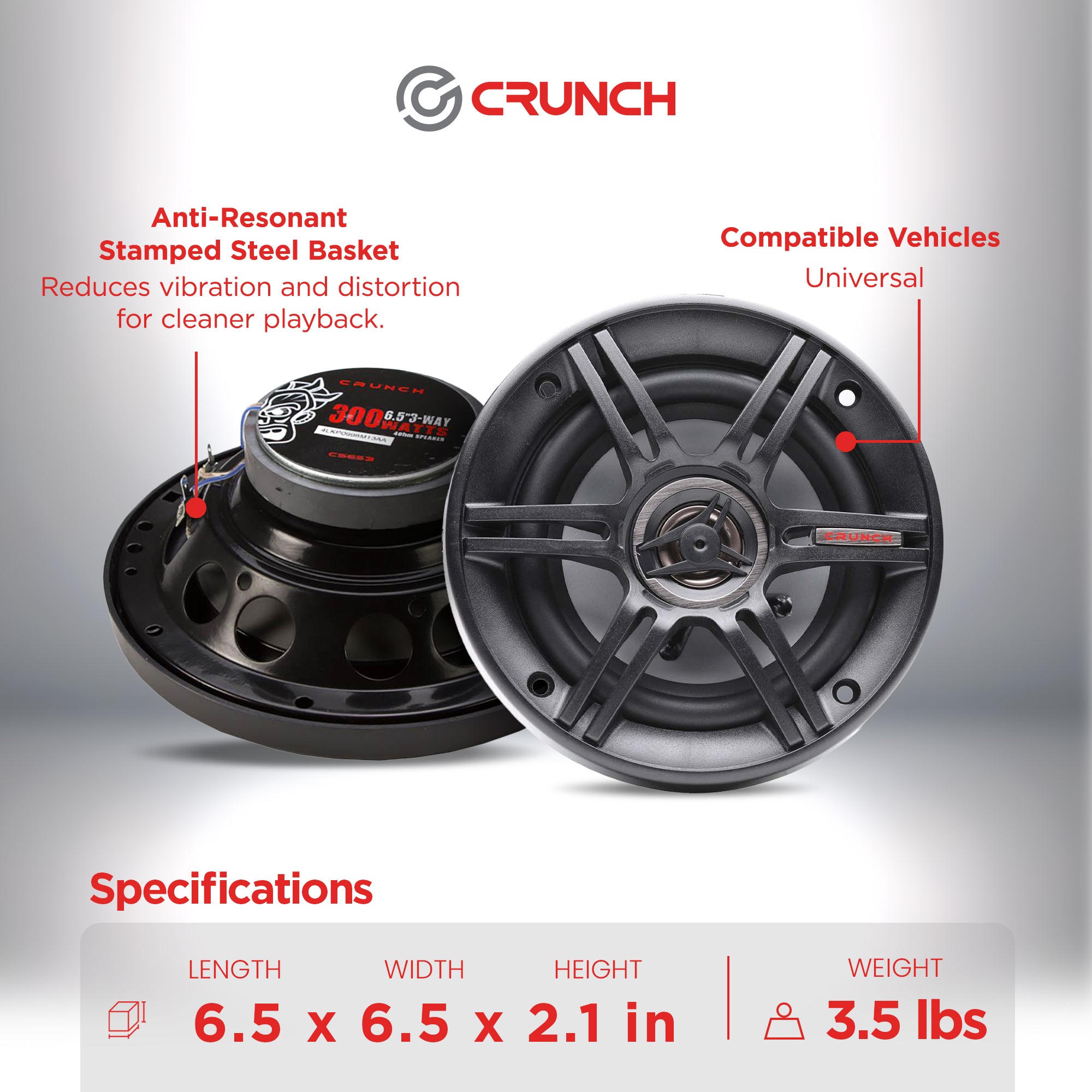 Crunch CS-653 300 Watts 6.5-Inch 3-Way 4 Ohms Car CS Speakers, Black, 2 Pair
