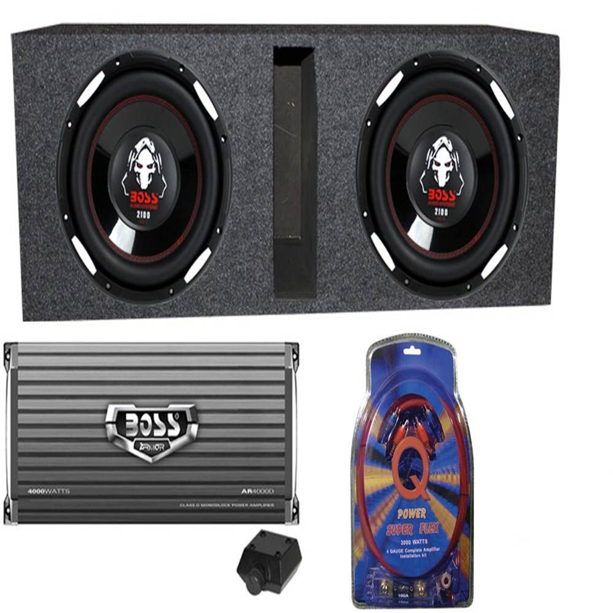 2 BOSS AUDIO P106DVC 10" 4200 Watt Car Subwoofers+AR4000D+Amp Kit+Vented Sub Box