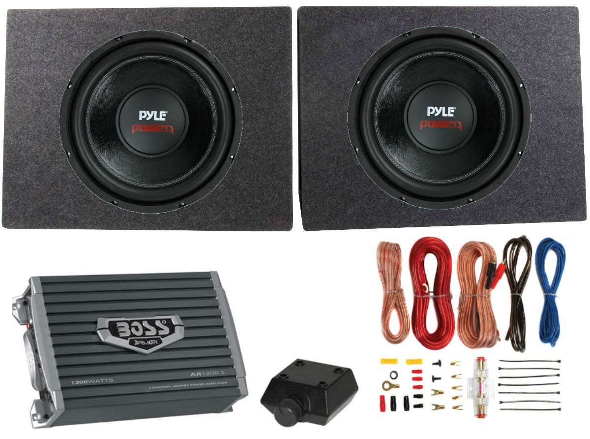 Pyle PLPW12D 12" 3200W Car Subwoofers 2pk, 2 Ch Amplifier, Amp Kit & 2 Sub Boxes