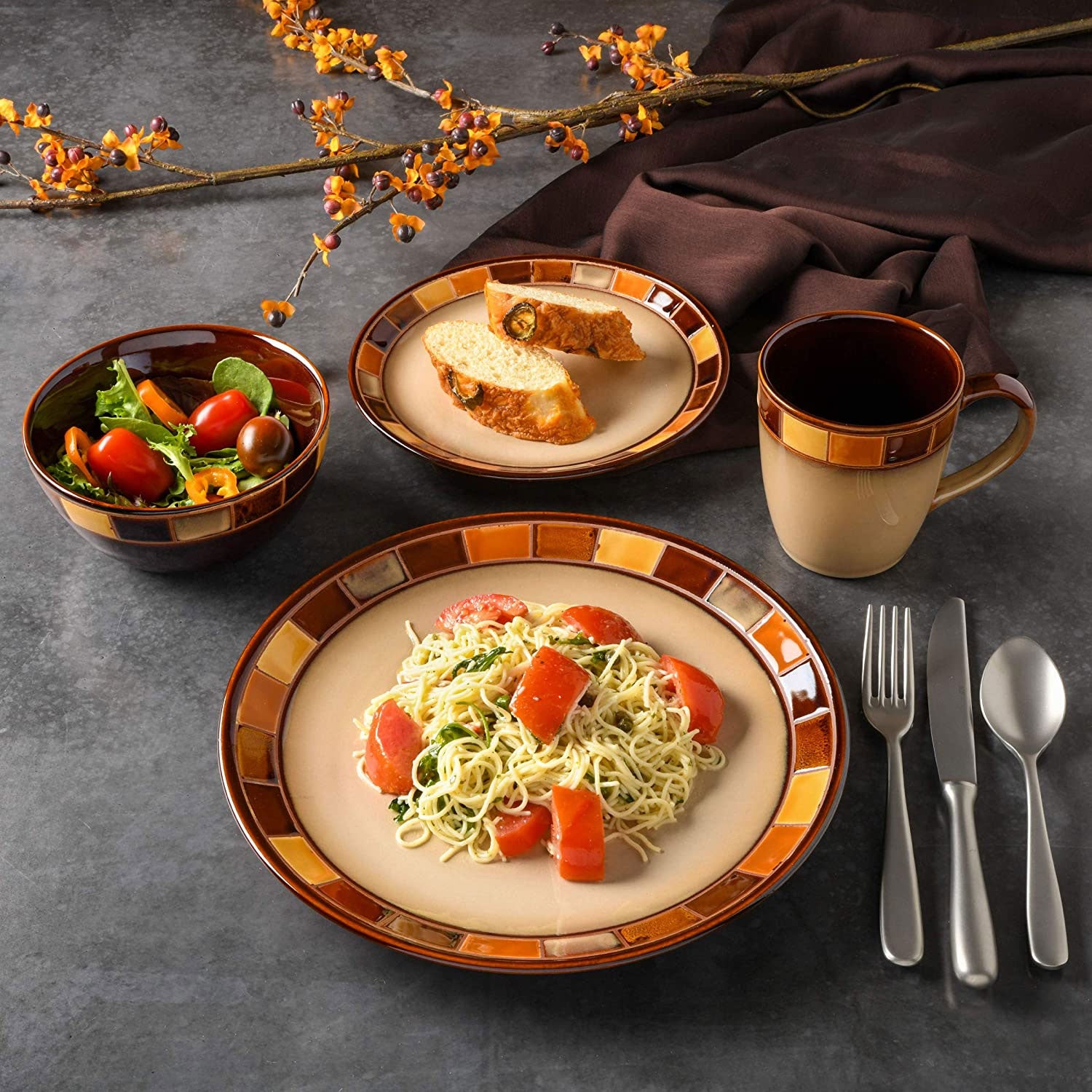 Gibson Elite Casa Estebana 16 Piece Plates, Bowls, & Mugs Dinnerware Set, Brown