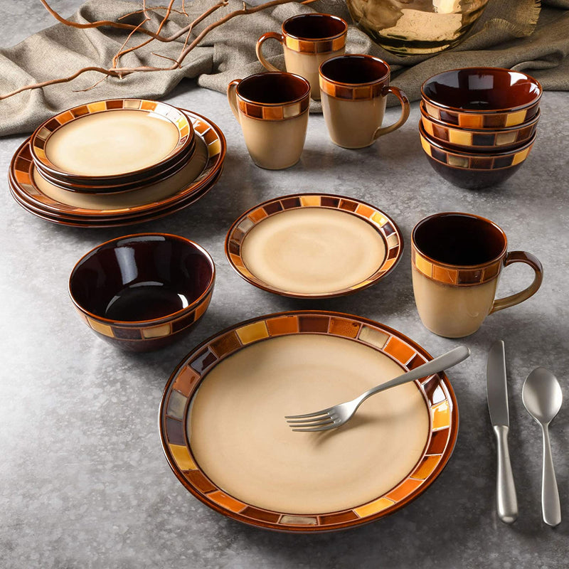 Gibson Elite Casa Estebana 16 Piece Plates, Bowls, & Mugs Dinnerware Set, Brown