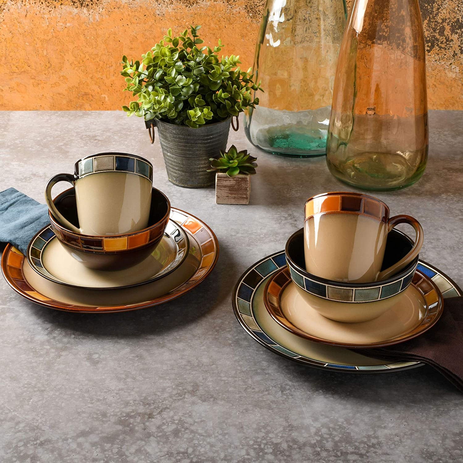 Gibson Elite Casa Estebana 16 Piece Plates, Bowls, & Mugs Dinnerware Set, Brown