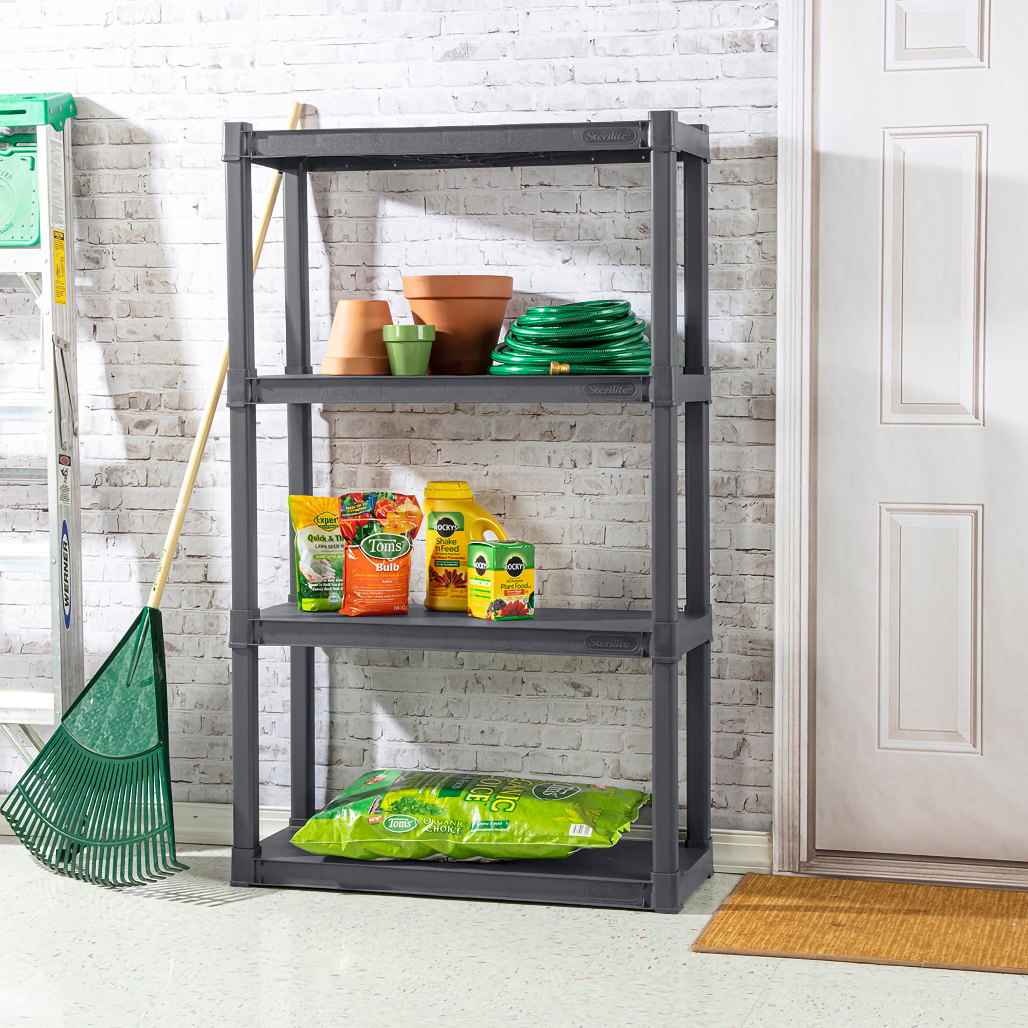 Sterilite 4 Shelf Plastic Storage Unit & Garage & Pantry Storage Cabinet, Gray